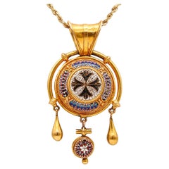 Roman Revival 1850 Papal States Grand Tour Micro Mosaic Pendant in 18 Karat Gold