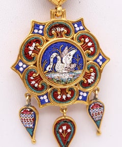 Roman Revival 1850 Papal States Pendant In 19Kt Yellow Gold Swan In Micro Mosaic