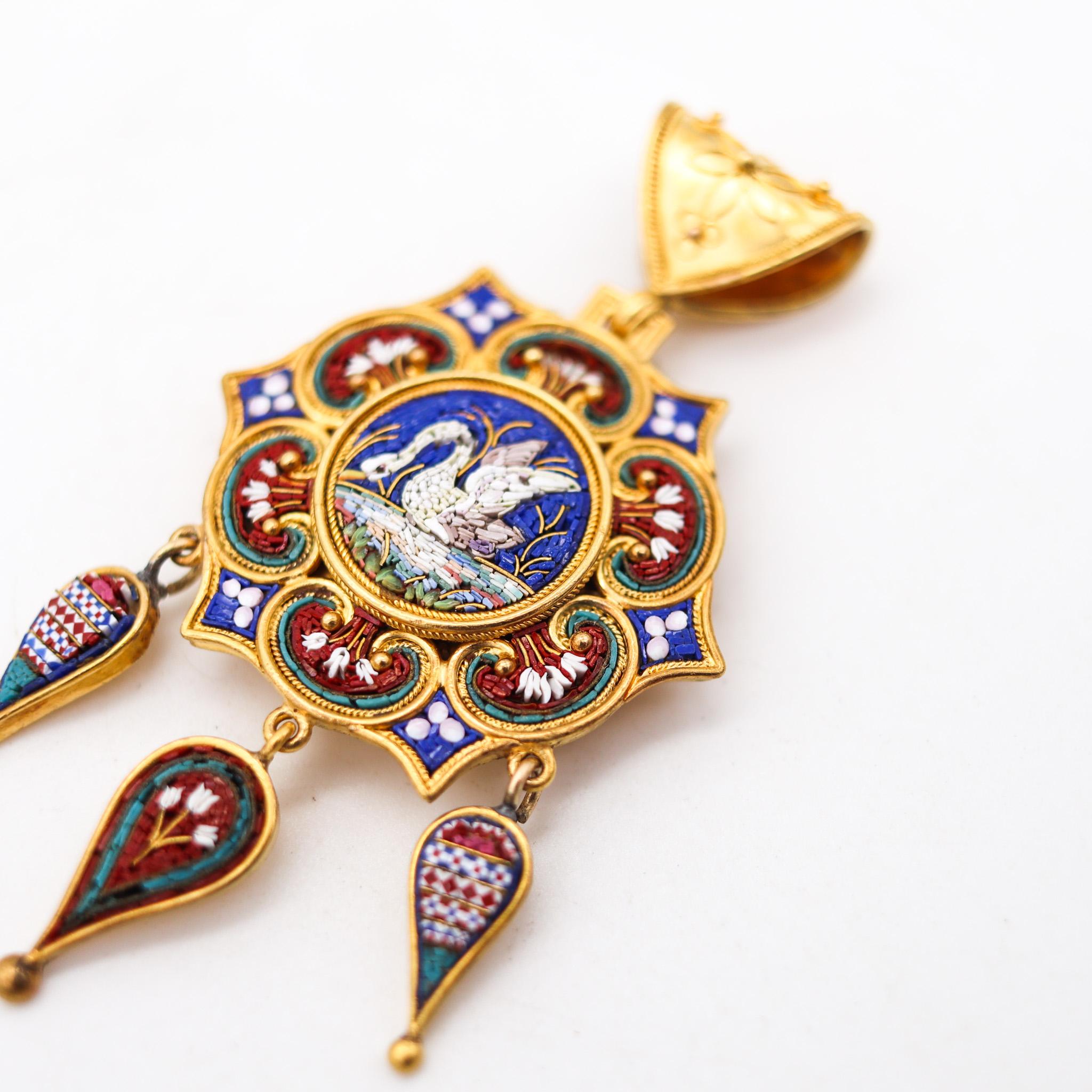 Mixed Cut Roman Revival 1850 Papal States Pendant In 19Kt Yellow Gold Swan In Micro Mosaic For Sale