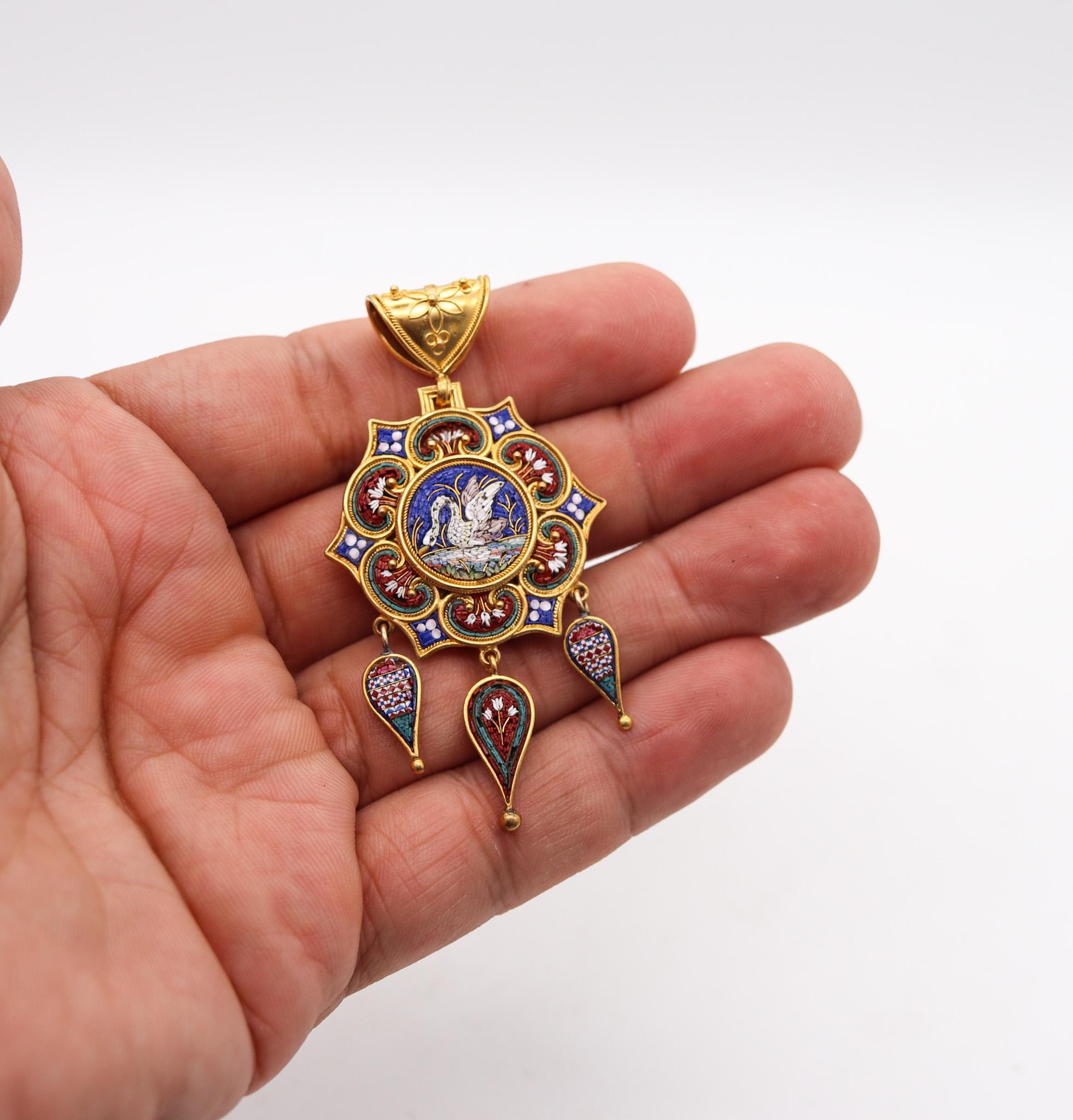 Roman Revival 1850 Papal States Pendant In 19Kt Yellow Gold Swan In Micro Mosaic For Sale 2
