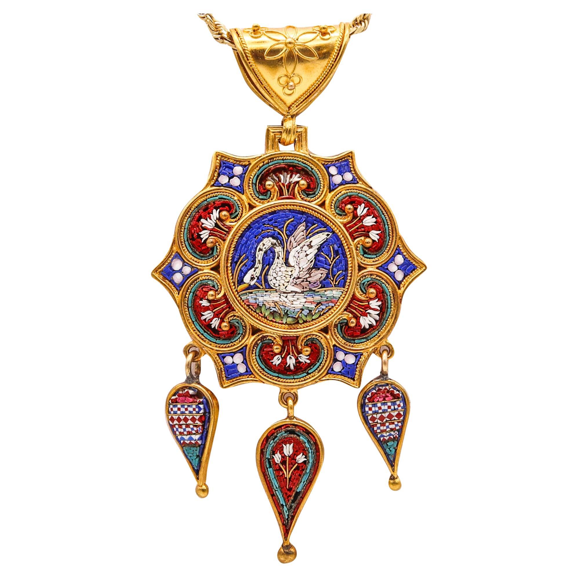 Roman Revival 1850 Papal States Pendant In 19Kt Yellow Gold Swan In Micro Mosaic For Sale
