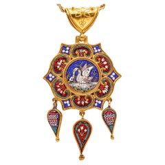Roman Revival 1850 Papal Staaten Anhänger in 19Kt Gelbgold Swan in Micro Mosaic