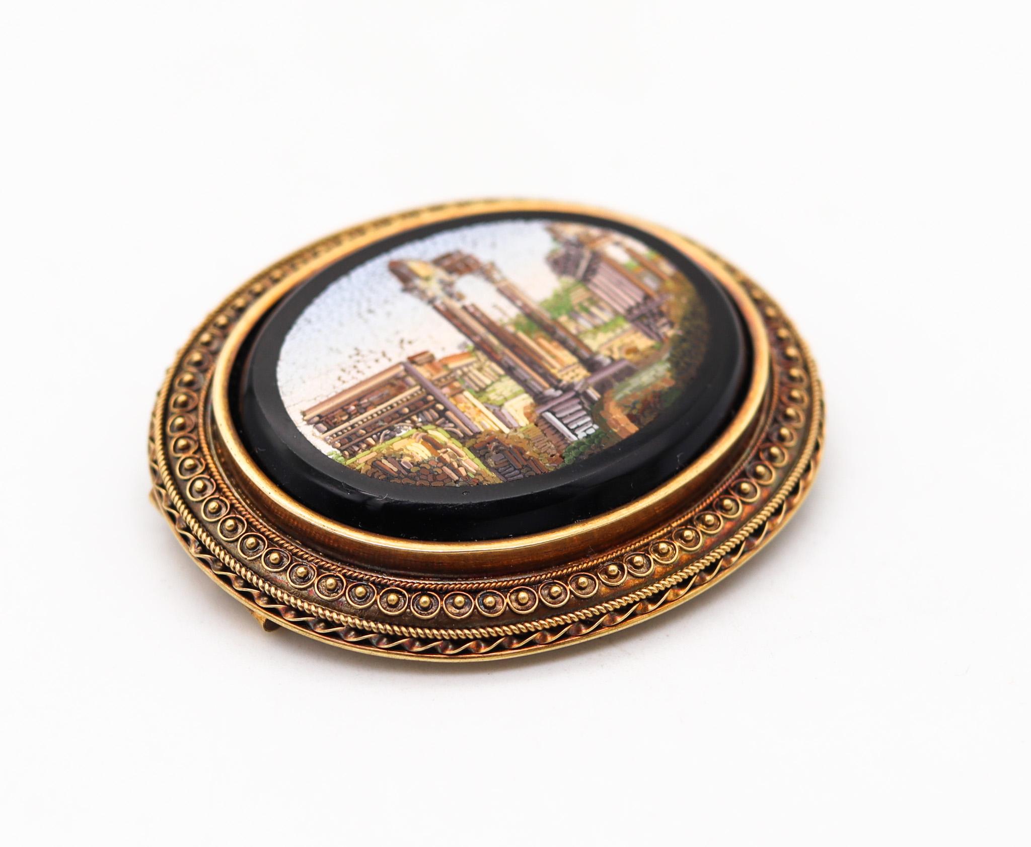 A Roman revival grand tour brooch.

An exceptional piece, created in Italy during the Victorian (1840-1901) grand tour era, back in the 1880. It was carefully crafted with Roman-Etruscan revival patterns in solid rich yellow gold of 18 karats and