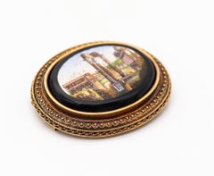 Roman Revival 1880 Grand Tour Temple of Vespasian Micro Mosaic Brooch 18Kt Gold