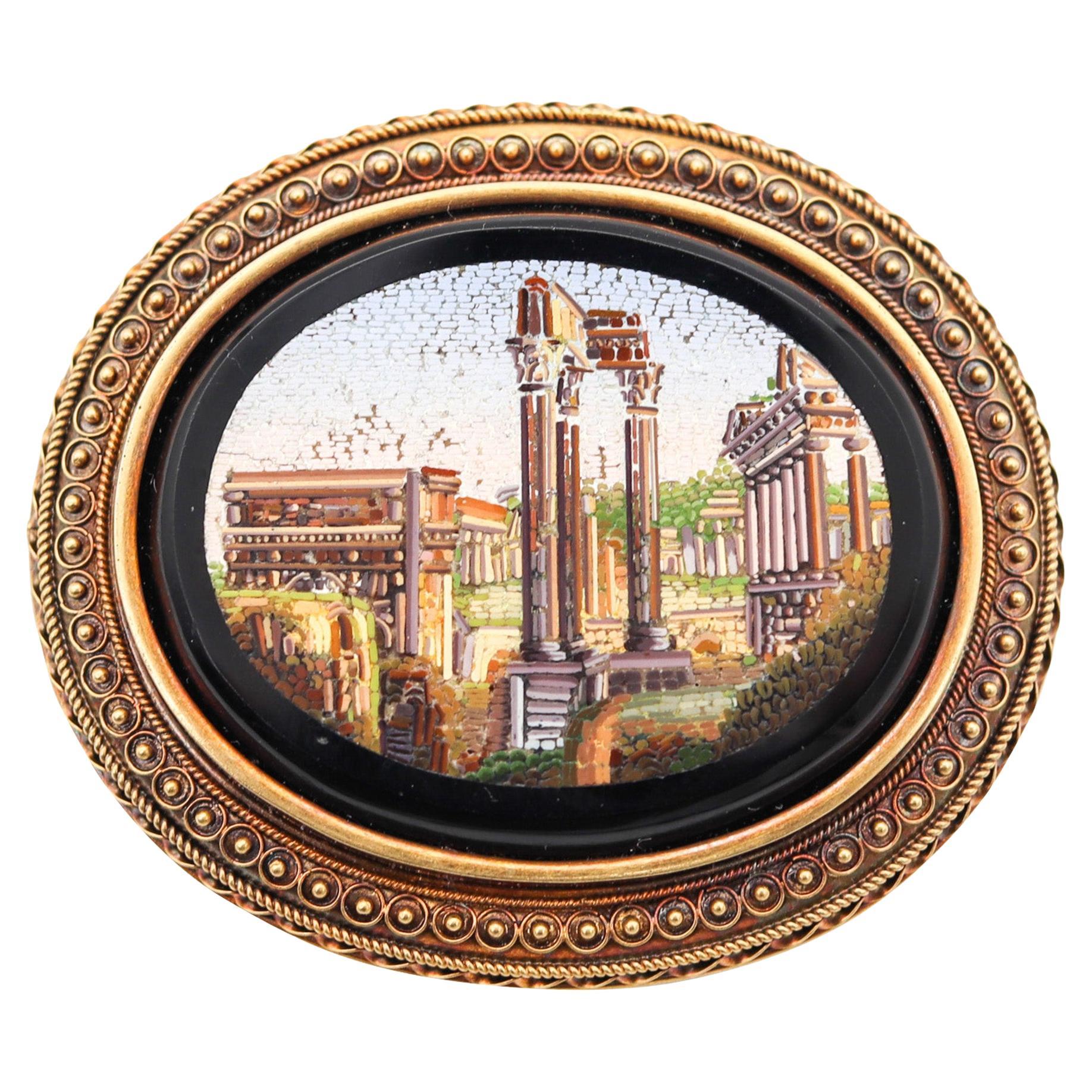 Roman Revival 1880 Grand Tour Temple of Vespasian Micro Mosaic Brooch 18Kt Gold