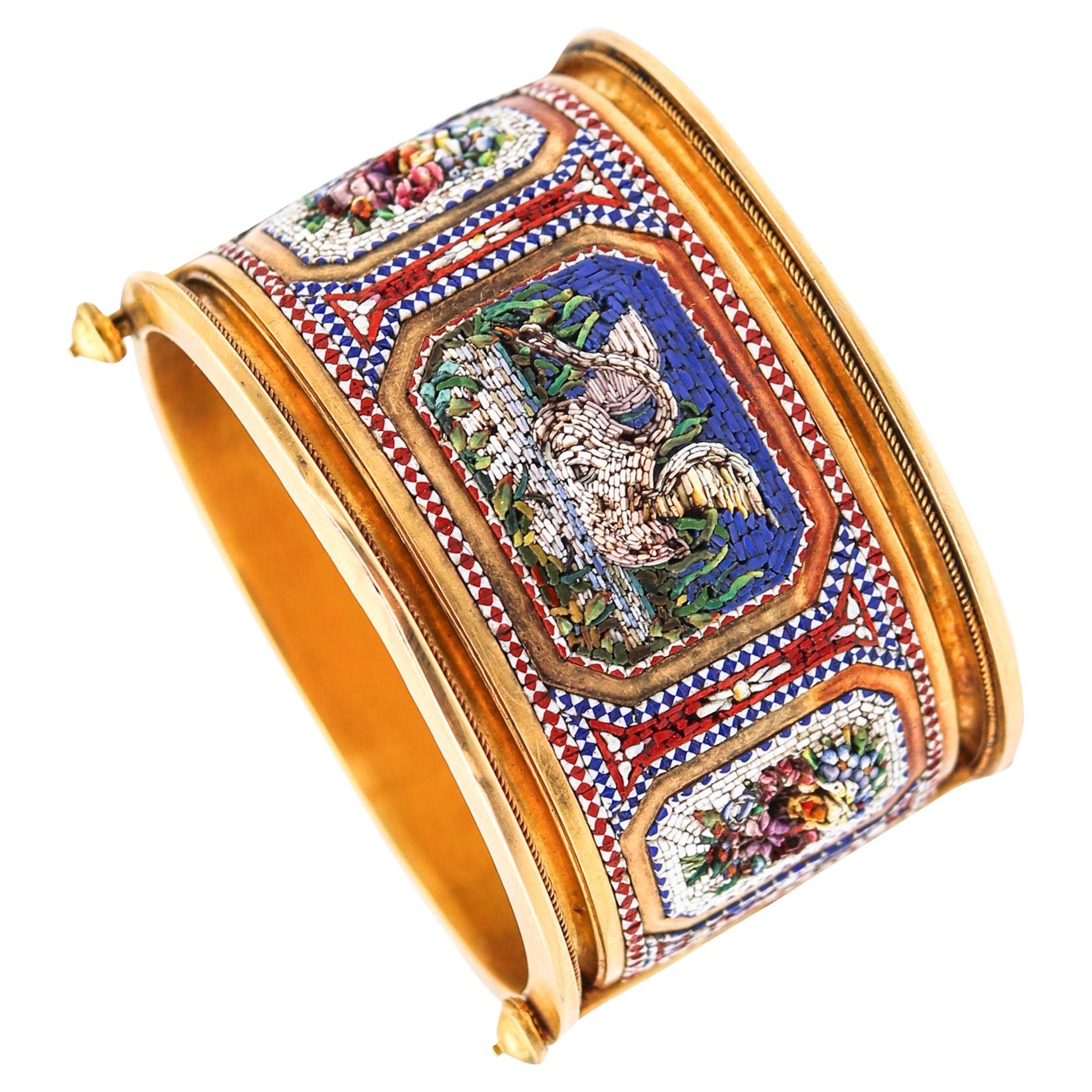 ROMAN REVIVAL 1880 Micro Mosaic Bangle Bracelet In Solid 19Kt Yellow Gold