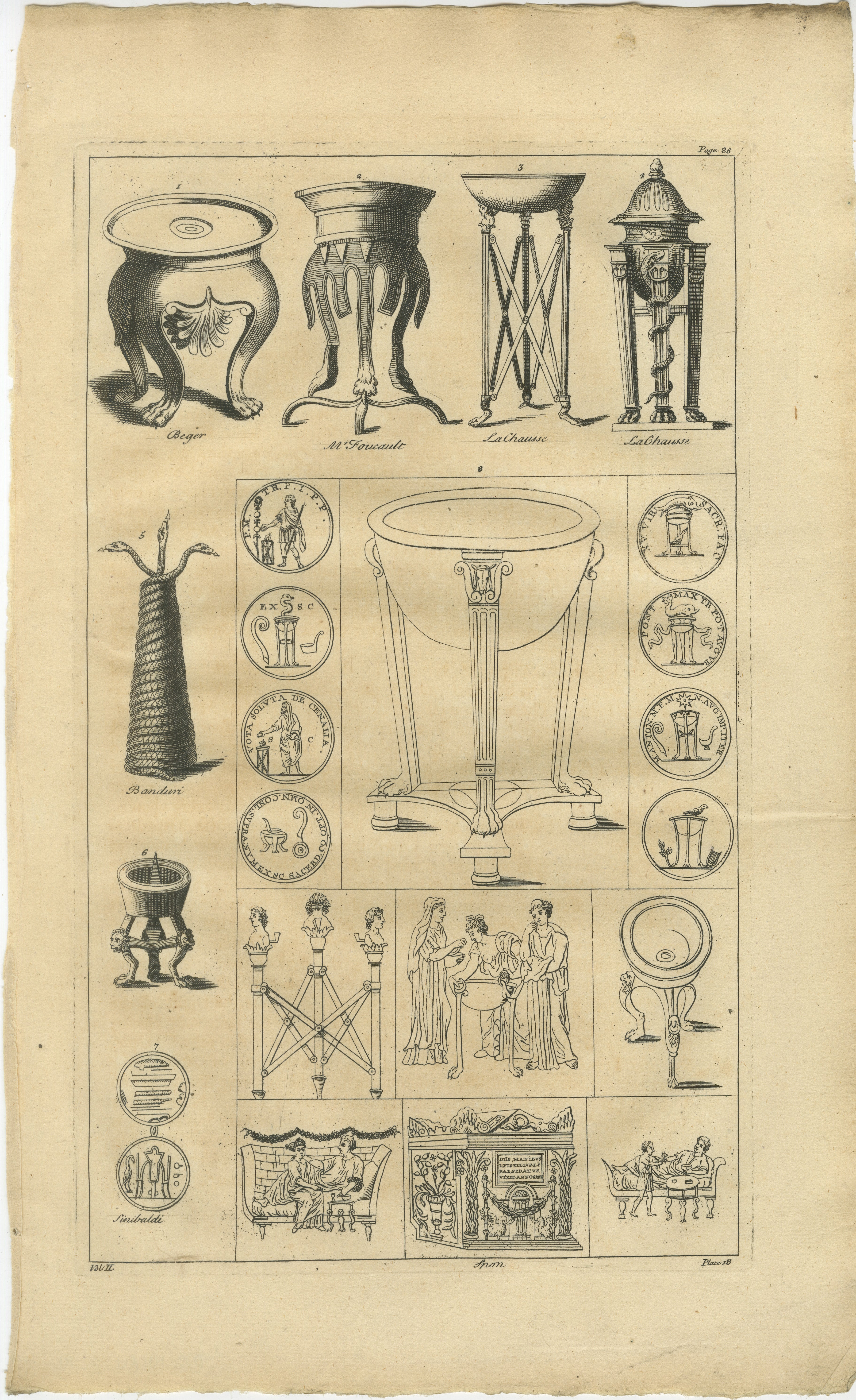 Roman Ritual Vessels & Antiquities Engraving, Montfaucon 1721