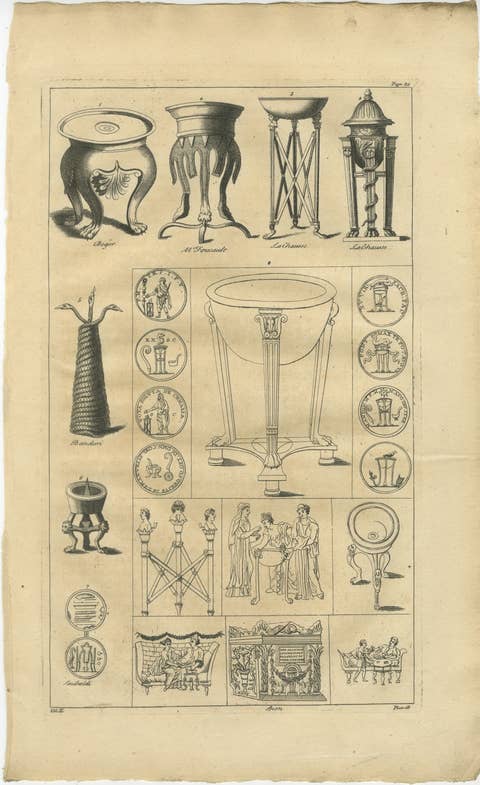 Roman Ritual Vessels & Antiquities Engraving, Montfaucon 1721