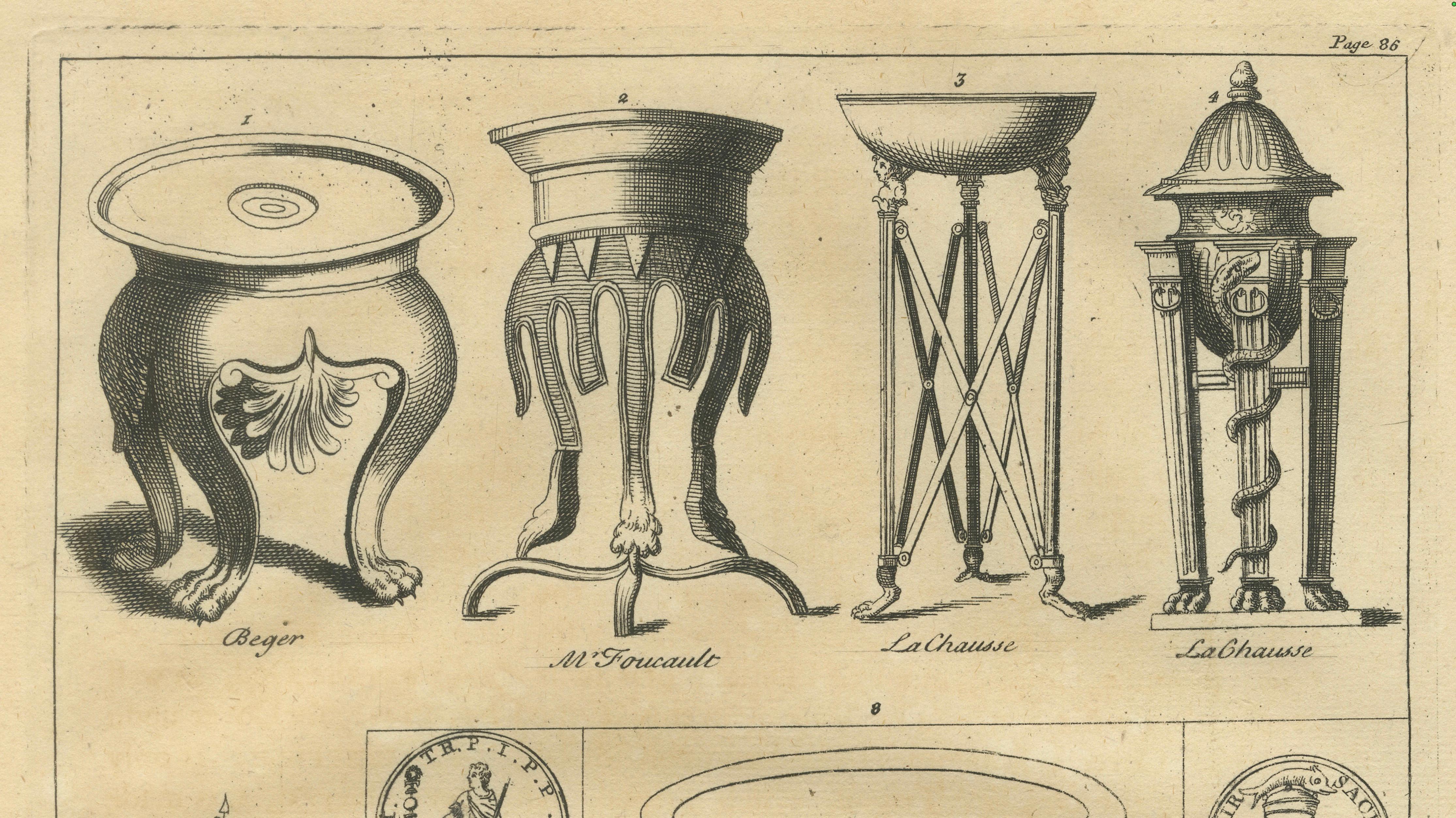 Roman Ritual Vessels & Antiquities Engraving, Montfaucon 1721