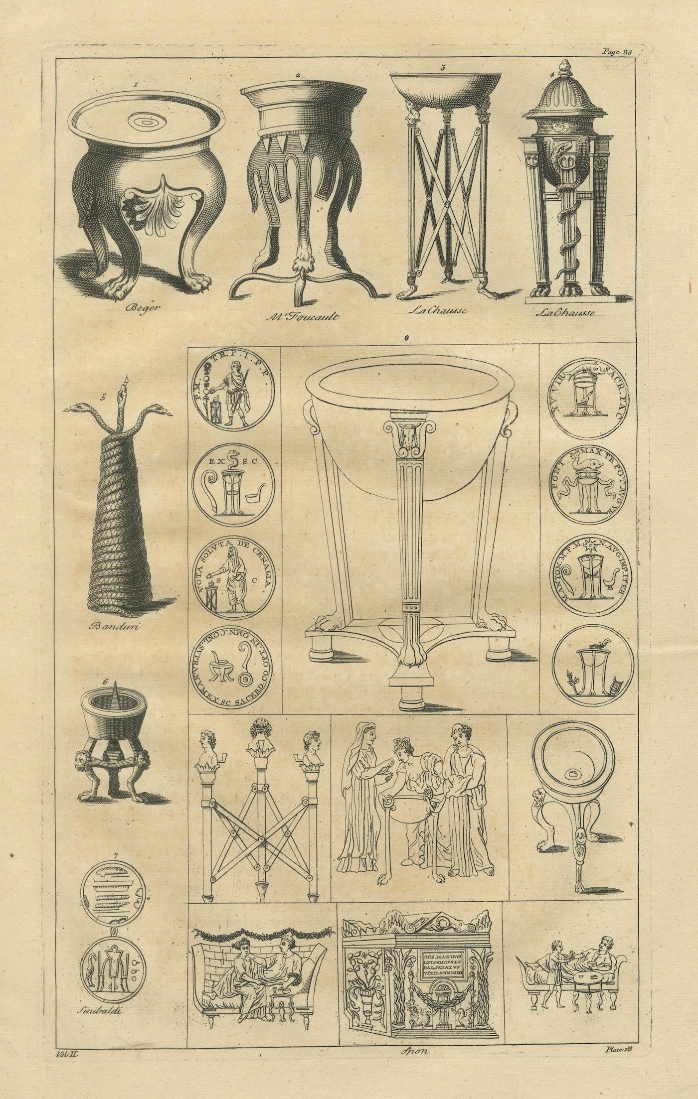 Roman Ritual Vessels & Antiquities Engraving, Montfaucon 1721