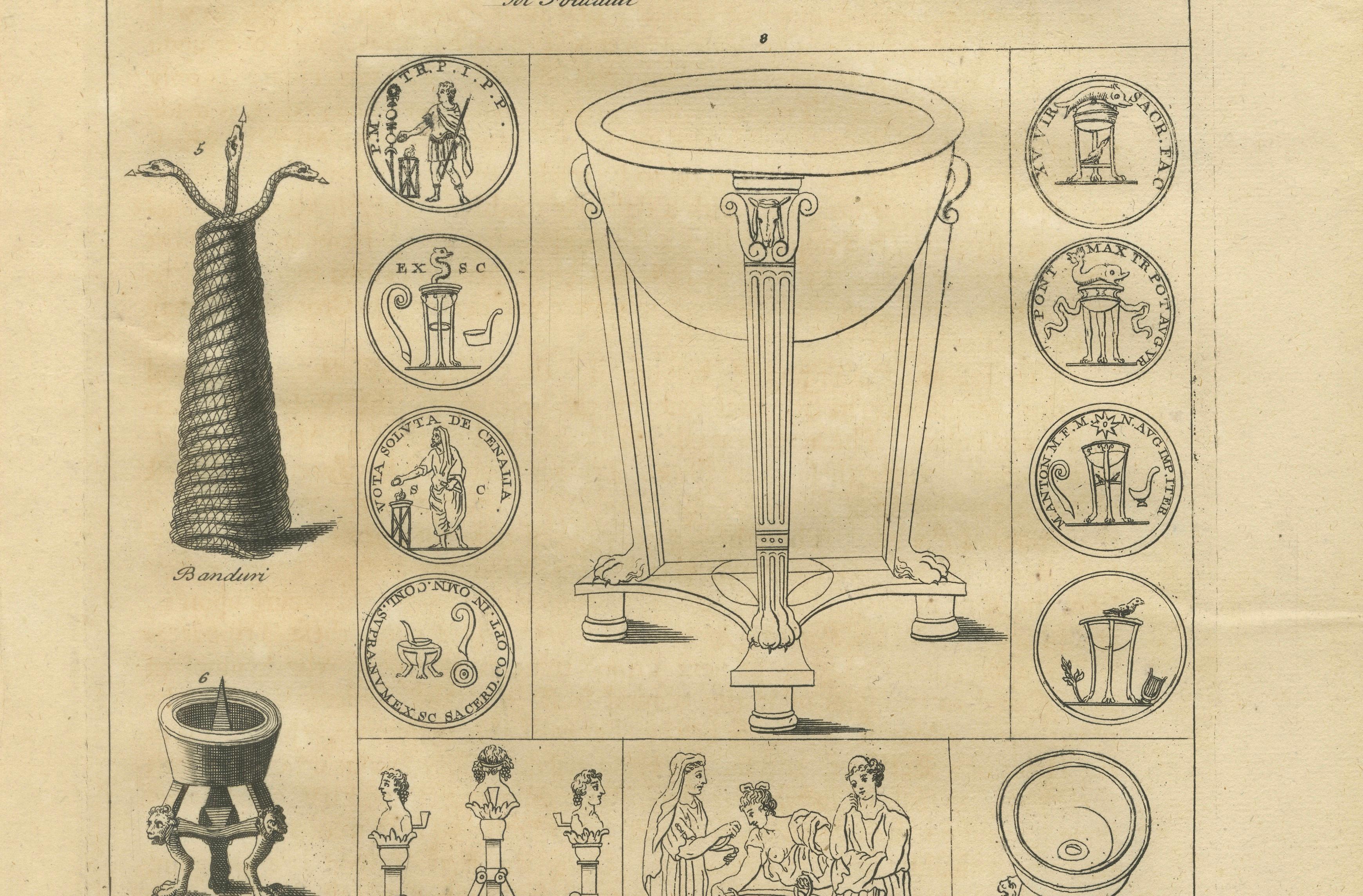 Roman Ritual Vessels & Antiquities Engraving, Montfaucon 1721