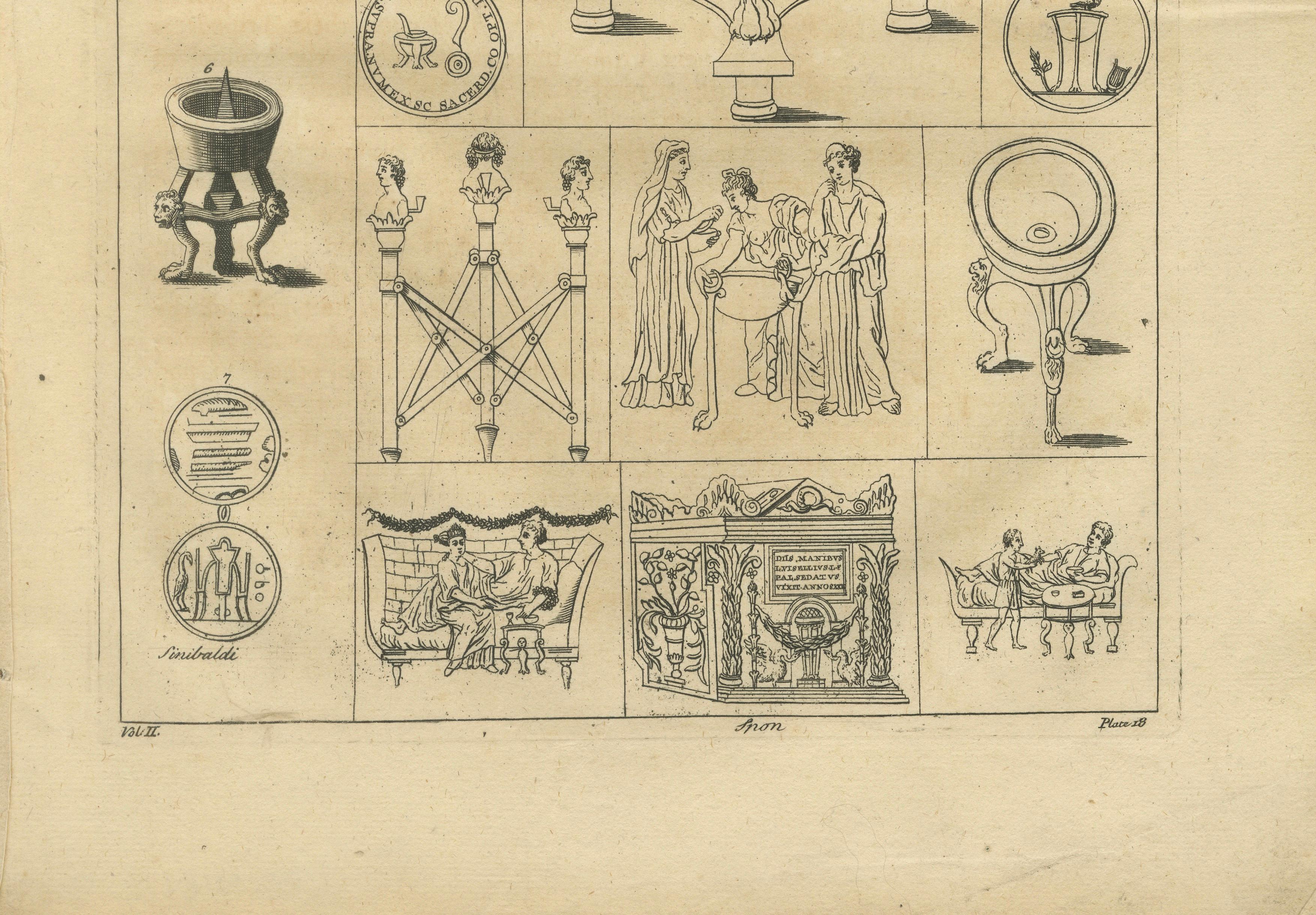 Roman Ritual Vessels & Antiquities Engraving, Montfaucon 1721