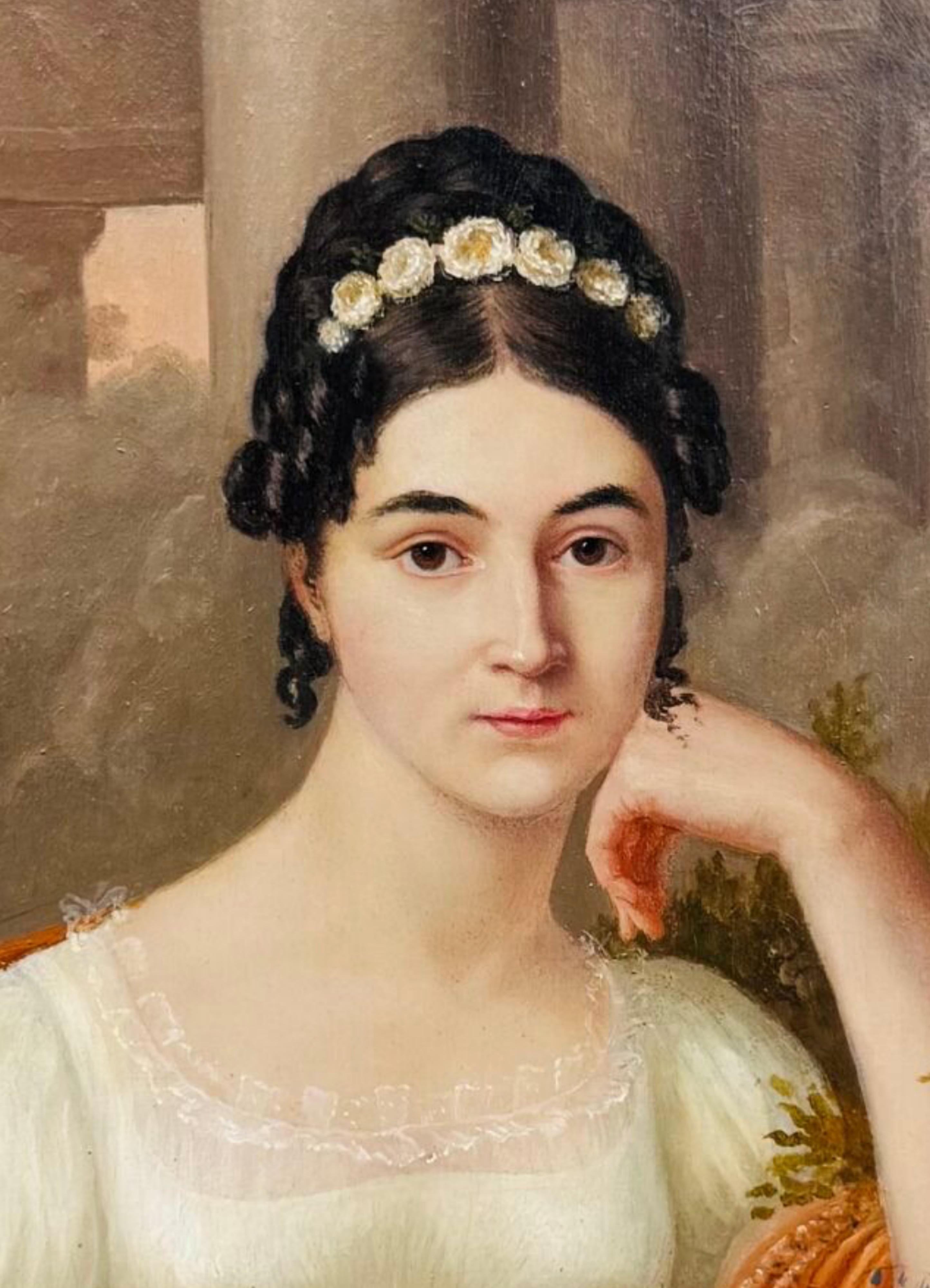 Roman School, early 19th century (Rome 1780-1842)
Portrait of a young woman, probably dressed as a bride, in front of the temple at Paestum, possibly a posthumous portrait.
Oil on panel.
Signed lower right in red oil: 
