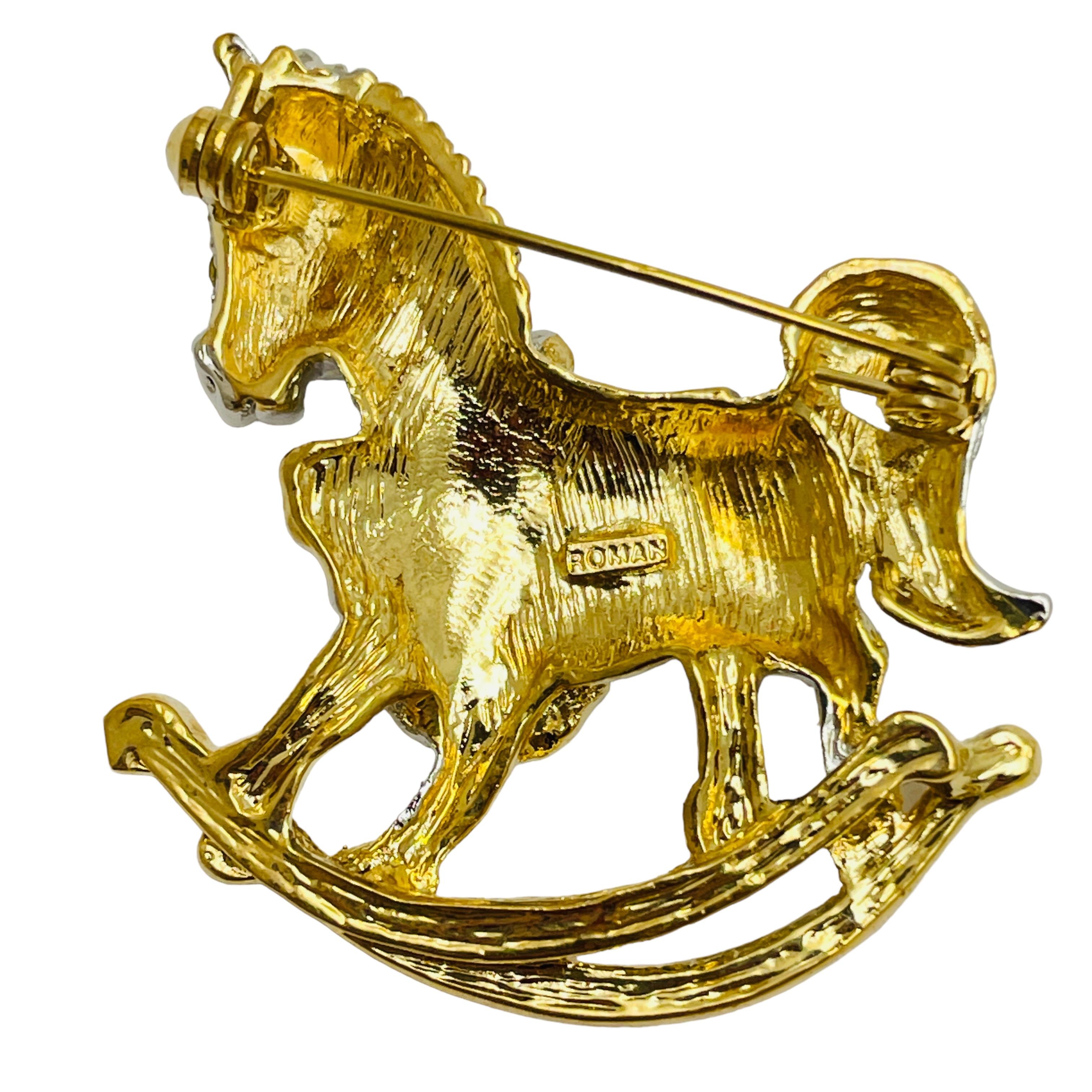 ROMAN signed gold rhinestones horse swing designer brooch In Good Condition For Sale In Palos Hills, IL