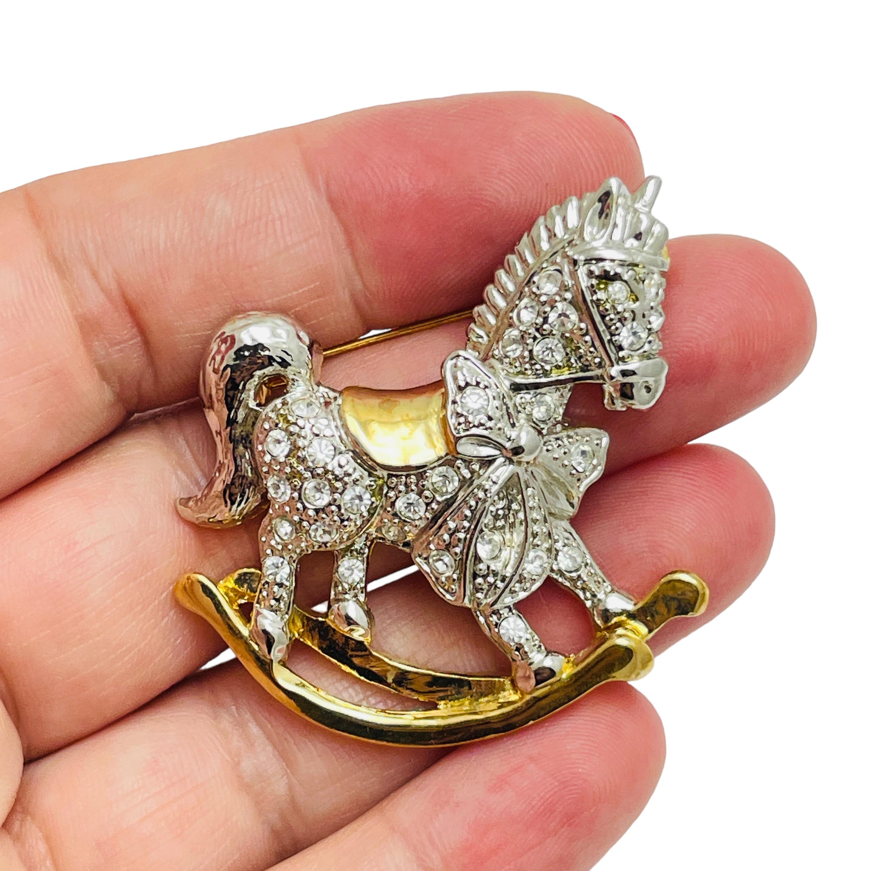 Women's ROMAN signed gold rhinestones horse swing designer brooch For Sale
