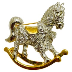 ROMAN signed gold rhinestones horse swing designer brooch