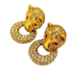 ROMAN signed panther gold crystal ruby eyes door knocker clip on earrings