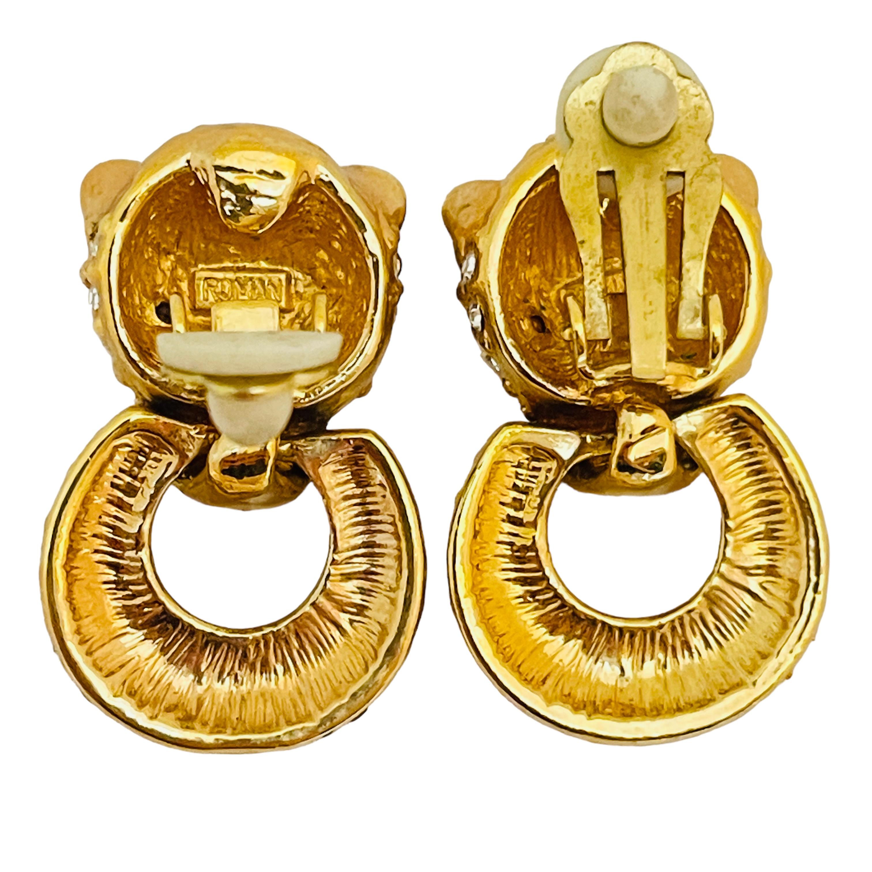 ROMAN signed panther gold crystal ruby eyes door knocker clip on earrings In Good Condition In Palos Hills, IL