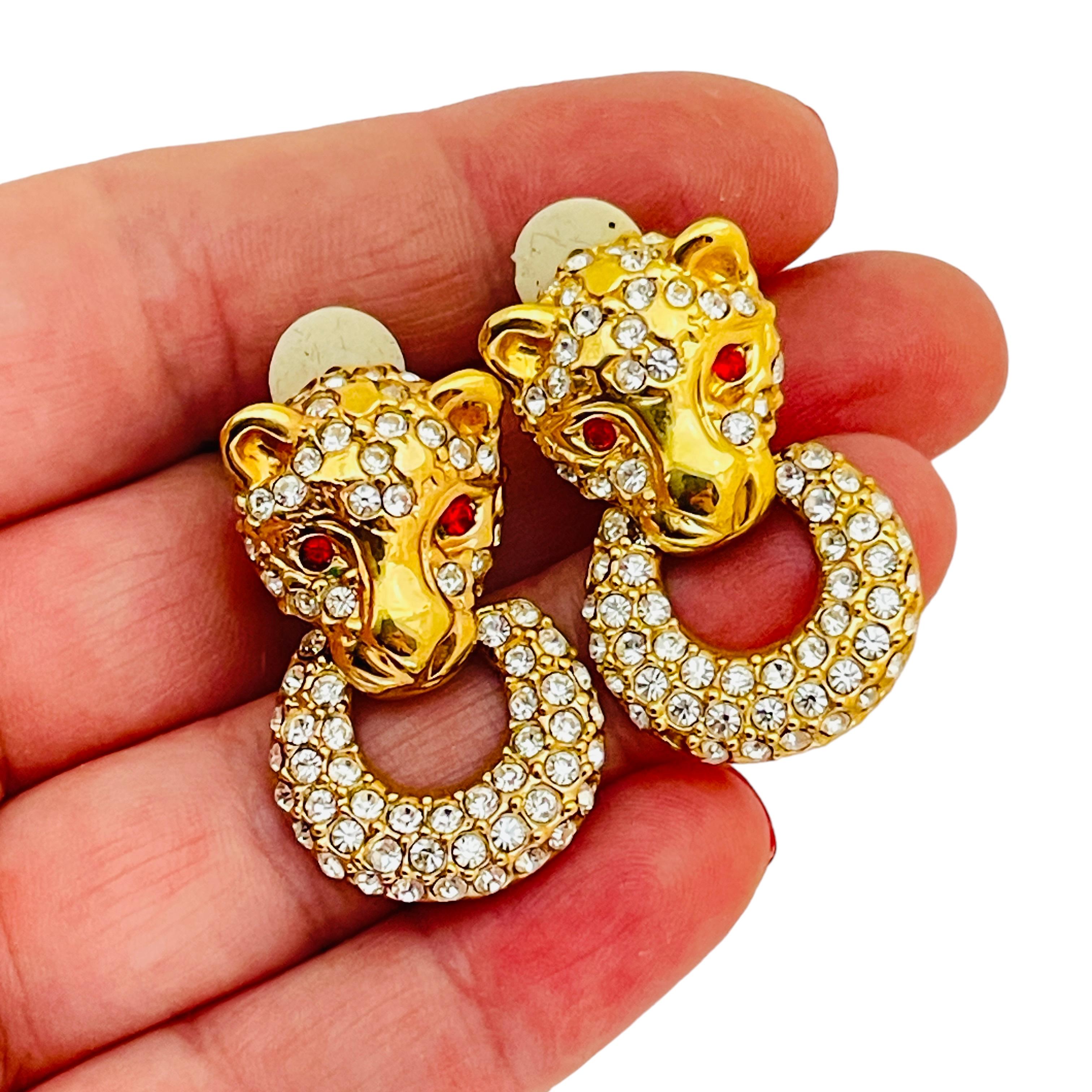 Women's ROMAN signed panther gold crystal ruby eyes door knocker clip on earrings