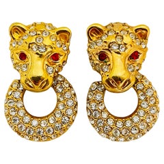 ROMAN signed panther gold crystal ruby eyes door knocker clip on earrings