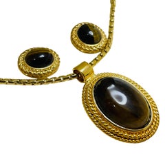 ROMAN signed vintage gold glass tiger eye designer earrings necklace set w box