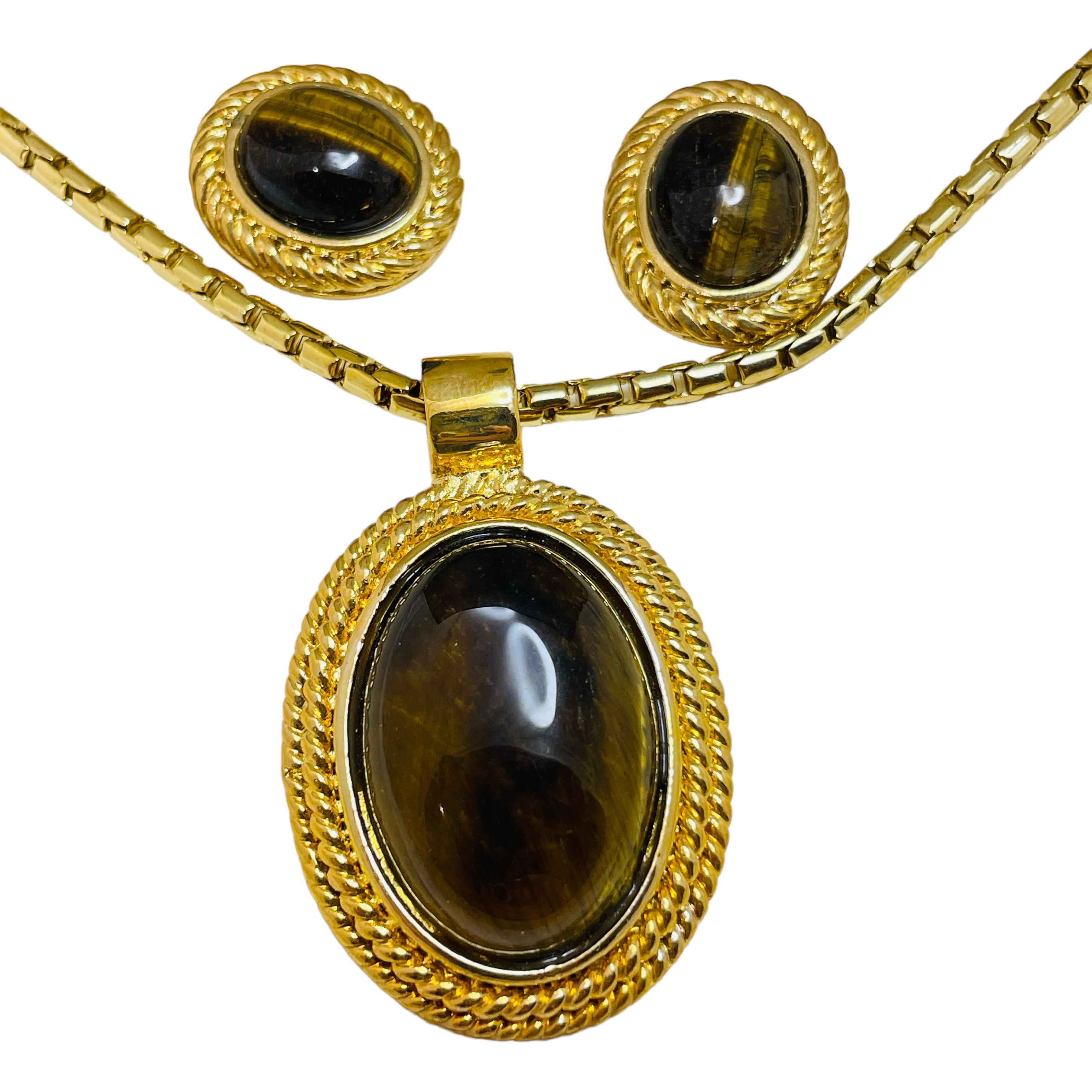 ROMAN signed vintage gold glass tiger eye designer earrings necklace set w box In Good Condition In Palos Hills, IL