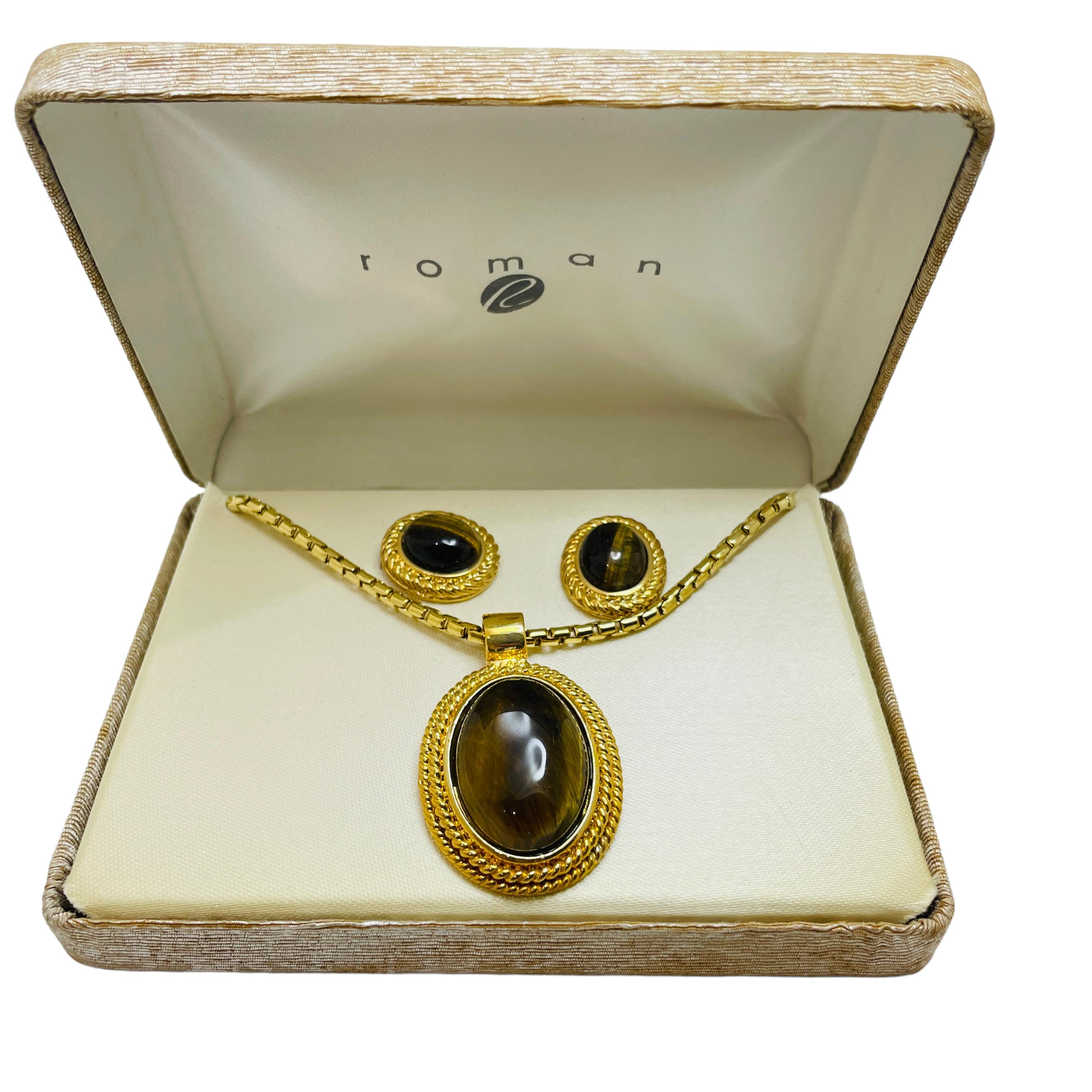 Women's or Men's ROMAN signed vintage gold glass tiger eye designer earrings necklace set w box