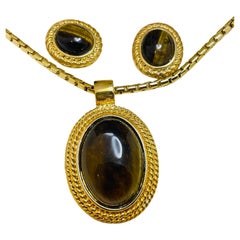 ROMAN signé vintage en verre doré oeil de tigre designer boucles d'oreilles collier avec boîte