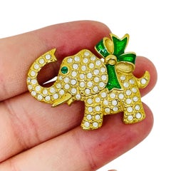 ROMAN signed vintage gold tone rhinestones enamel elephant bow designer brooch