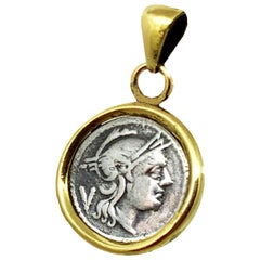 Pièce romaine en argent 3dt siècle avant J.-C. Pendentif en or 18 Kt représentant la déesse Rome