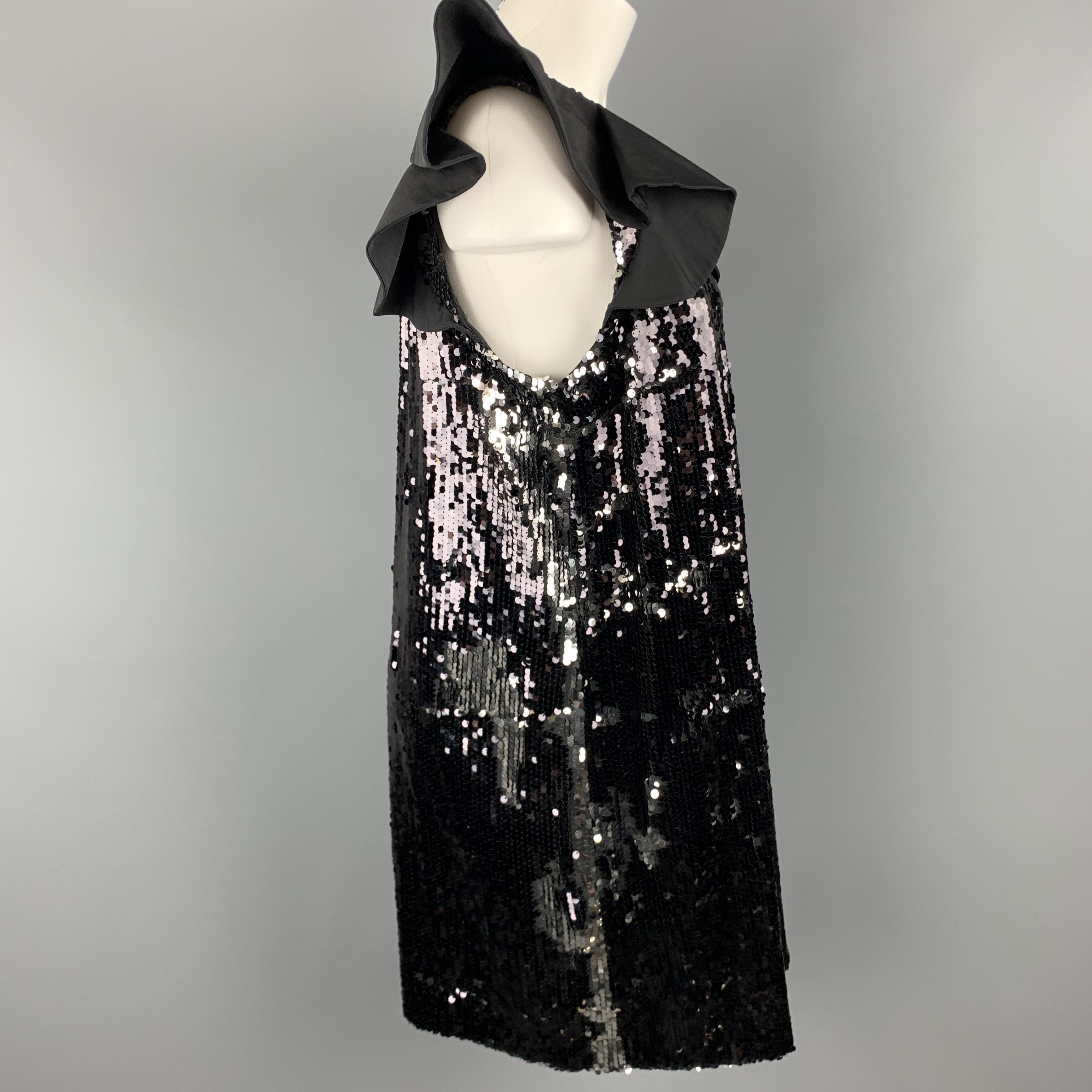 ROMAN Size 8 Black Reverse Sequin Ruffle Sleeve Cocktail Dress In Excellent Condition In San Francisco, CA