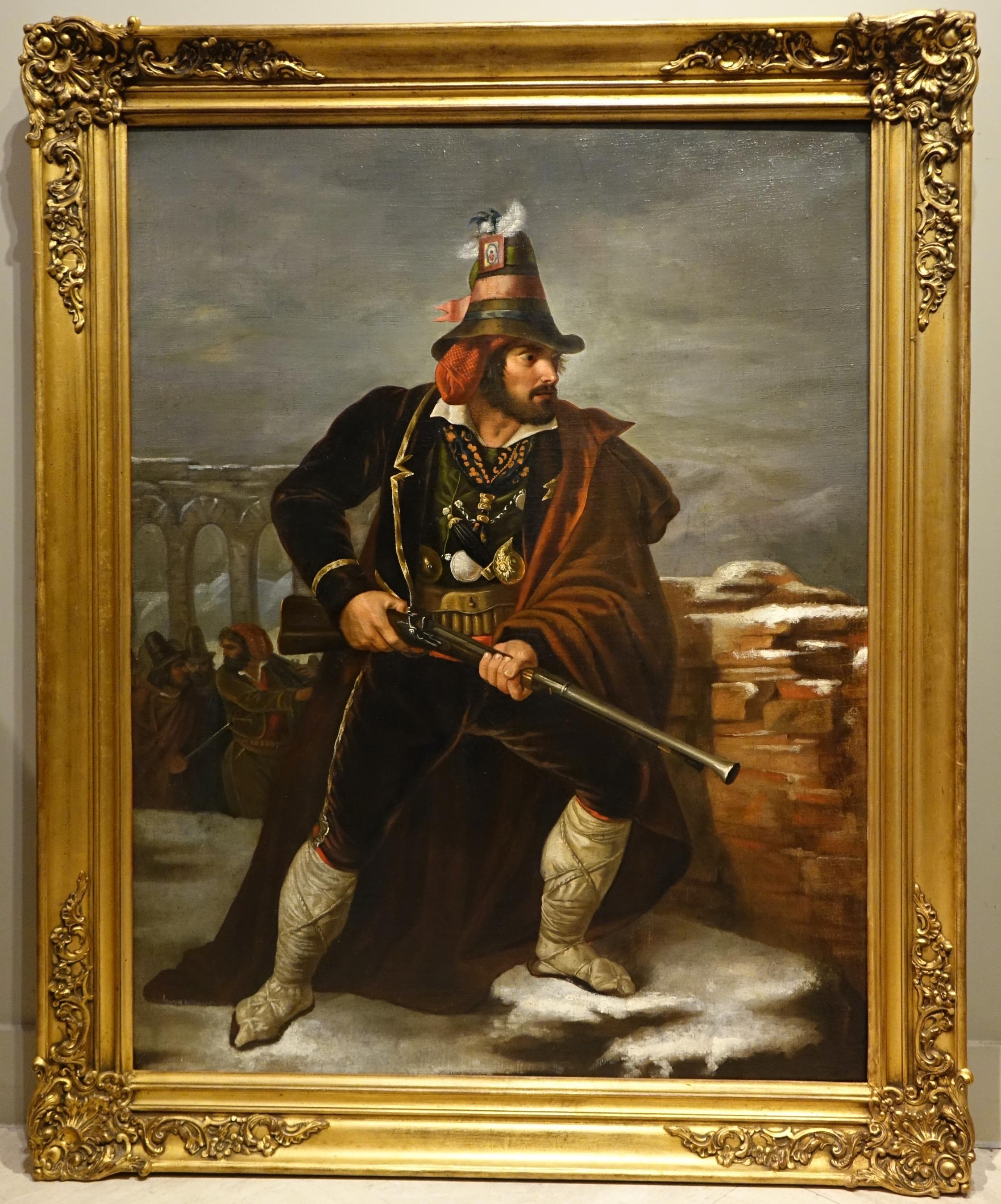 Episode of the Risorgimento, probably during one of the many military campaigns that led to the constitution of a unified Italy. 
Oil on canvas annotated in ink on the back of the frame 