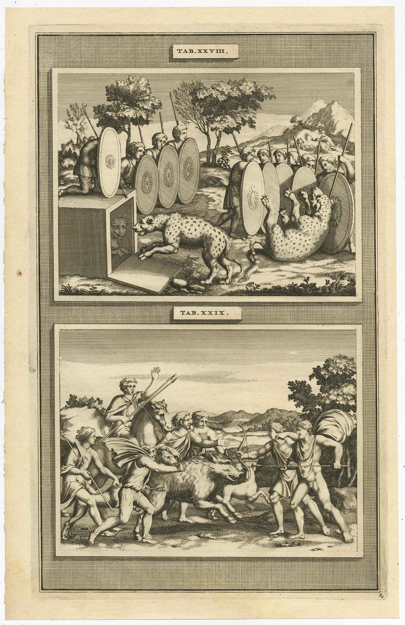 Antike römische Jagdszenen - Hyänen und Wildschweine, Goeree nach Desseine, 1704

Dieser antike Kupferstich, der 1704 von François Halma nach Entwürfen von Jan Goeree veröffentlicht wurde, zeigt zwei dramatische Jagdszenen, die von der römischen