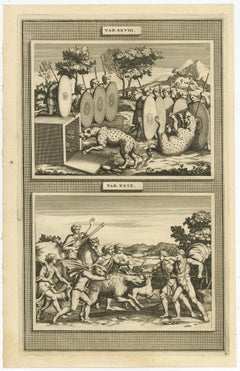 Roman Soldiers Hunting Hyenas and Wild Boar – Antique Print, 1704