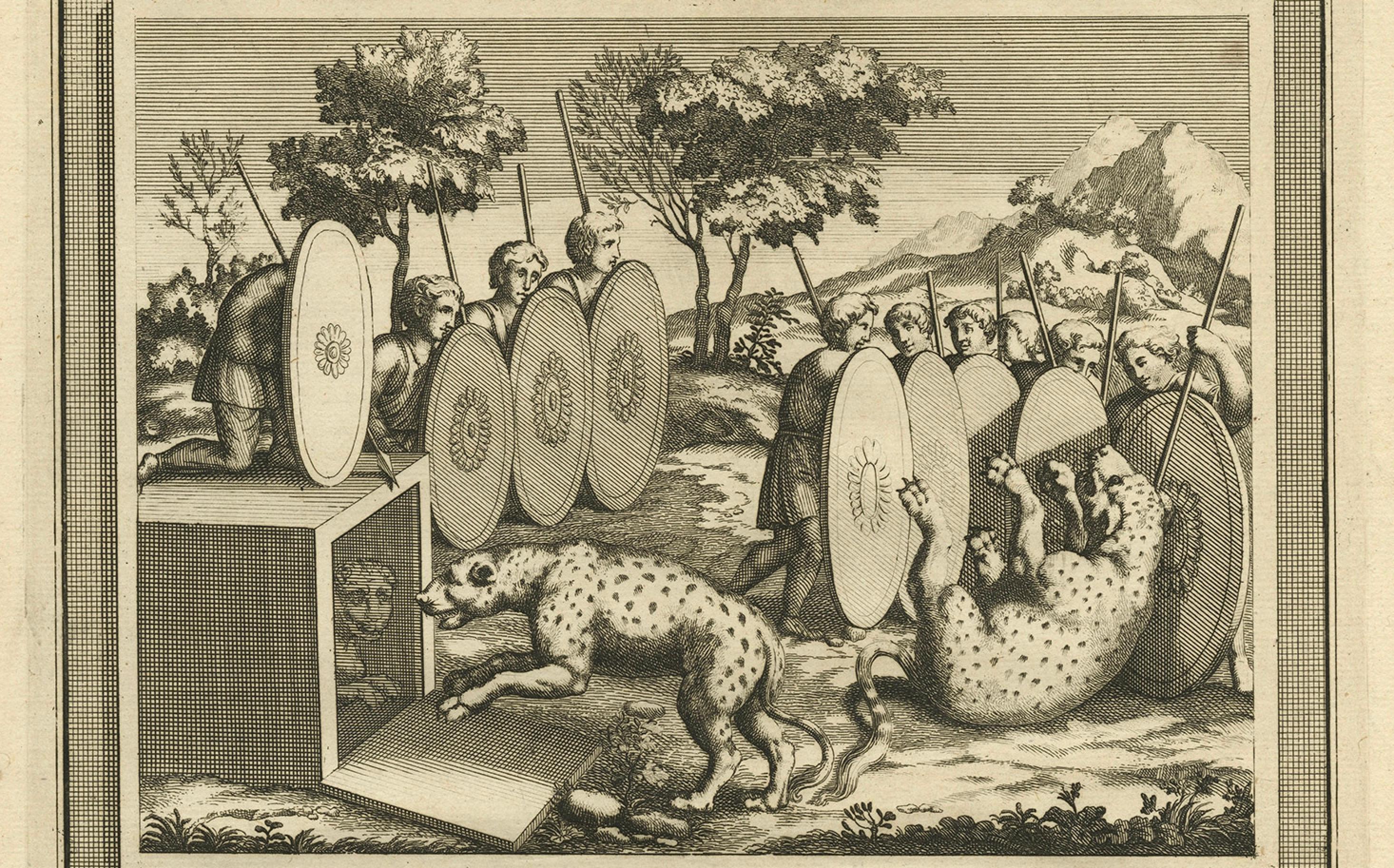 Römische Soldaten auf der Jagd nach Hyänen und Wildschweinen - Antiker Druck, 1704 (Niederländisch) im Angebot
