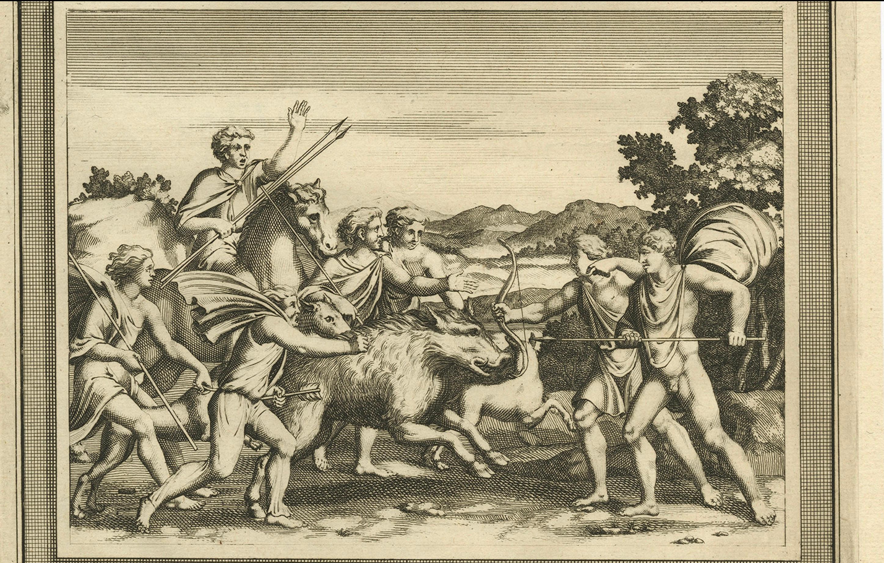 Römische Soldaten auf der Jagd nach Hyänen und Wildschweinen - Antiker Druck, 1704 (Graviert) im Angebot