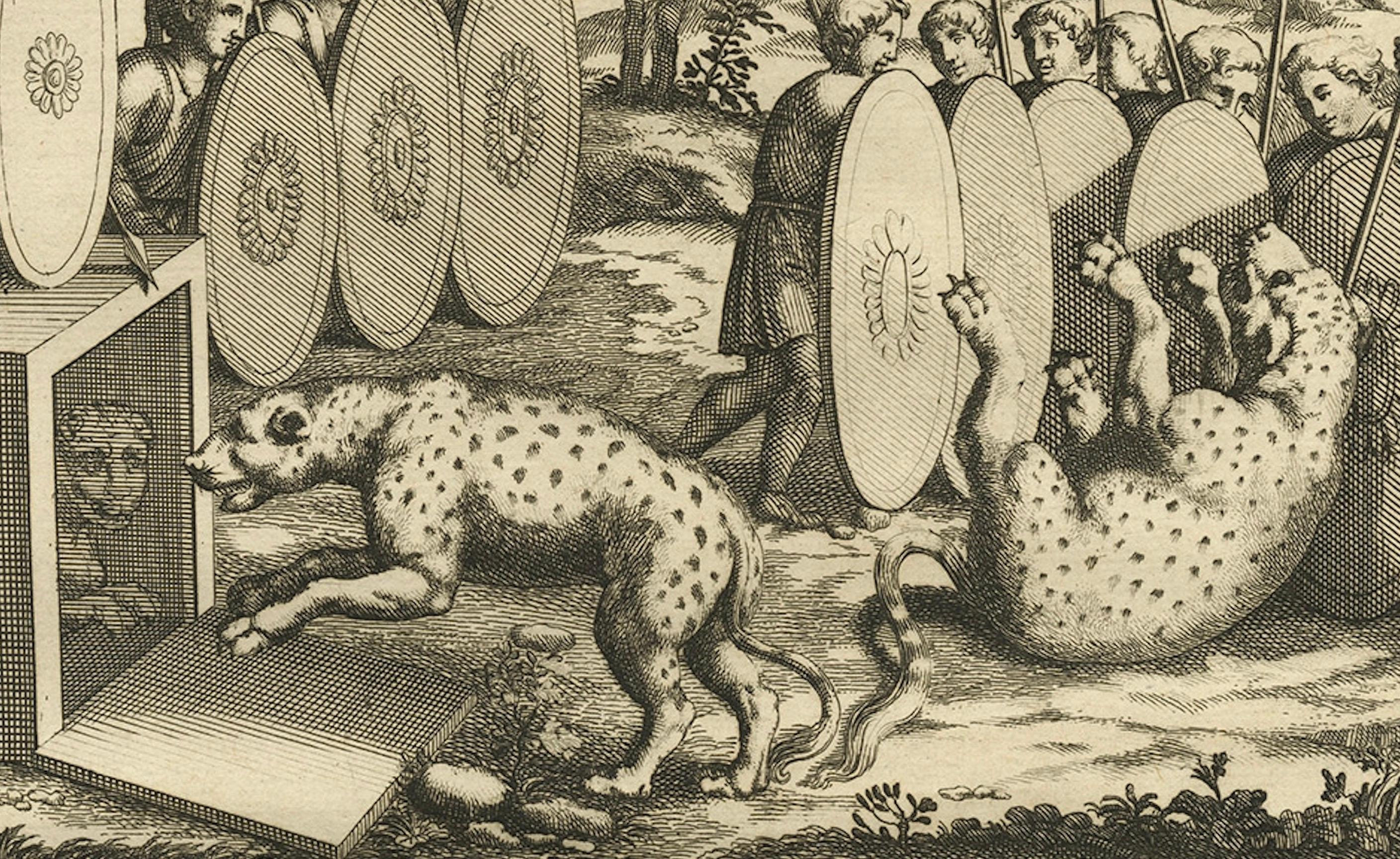 Römische Soldaten auf der Jagd nach Hyänen und Wildschweinen - Antiker Druck, 1704 im Zustand „Gut“ im Angebot in Langweer, NL