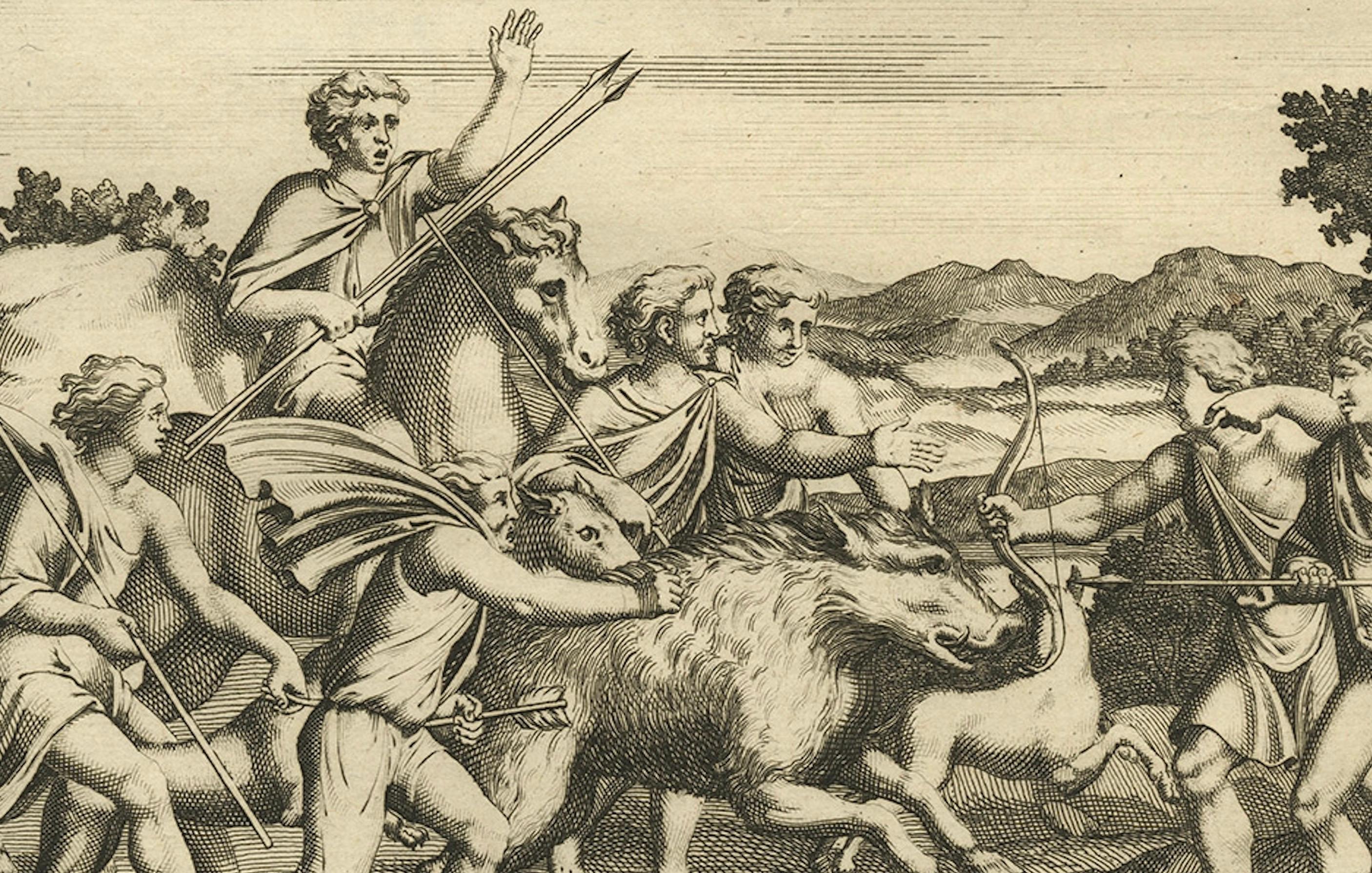 Römische Soldaten auf der Jagd nach Hyänen und Wildschweinen - Antiker Druck, 1704 (18. Jahrhundert) im Angebot