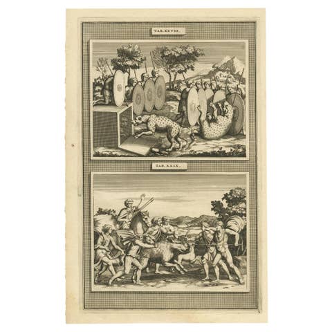 Roman Soldiers Hunting Hyenas and Wild Boar – Antique Print, 1704