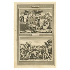 Soldados romanos cazando hienas y jabalíes - Grabado antiguo, 1704
