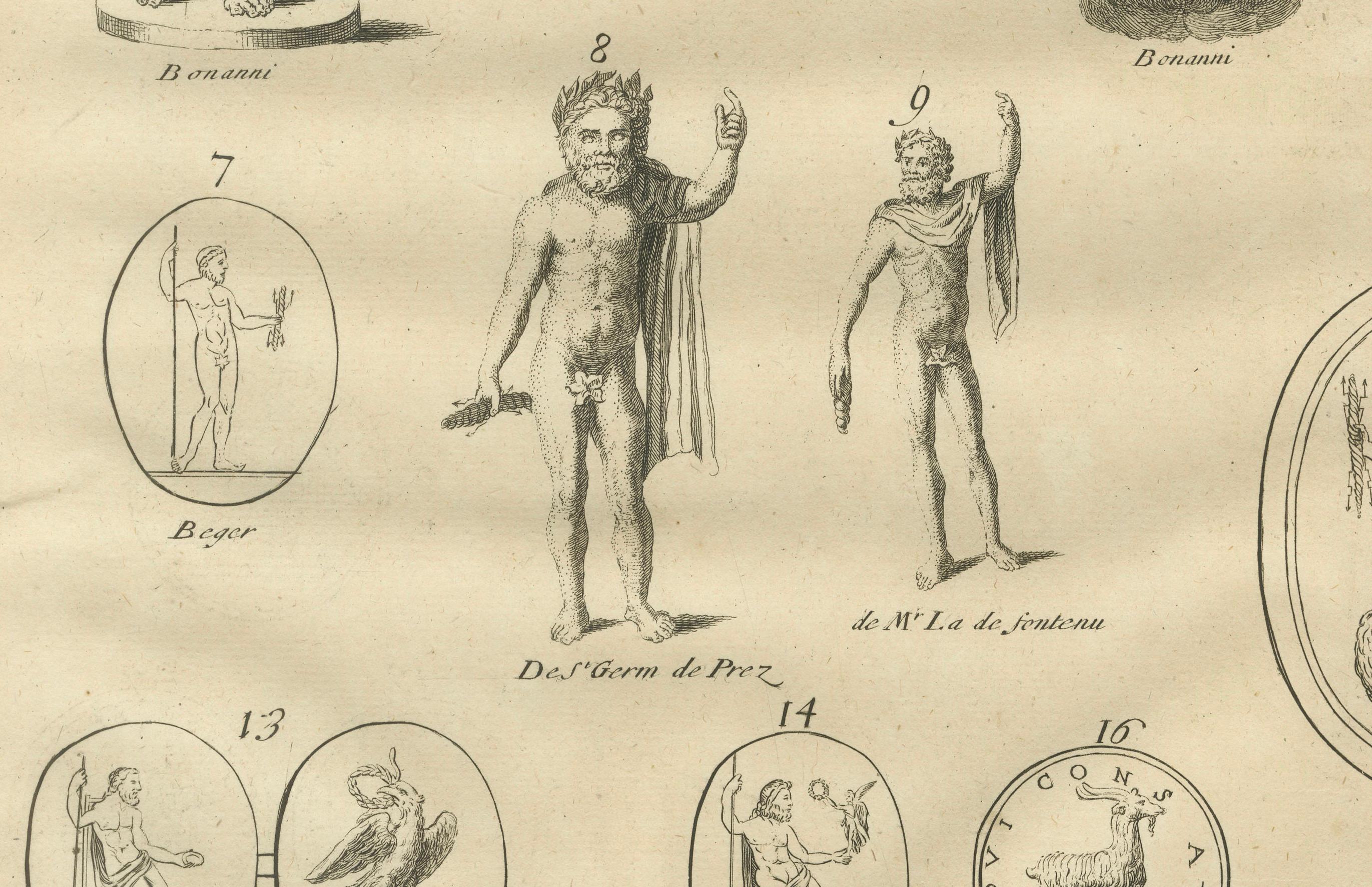 Roman Statues and Coins, Composite Antiquities Plate with Center Fold, 1721