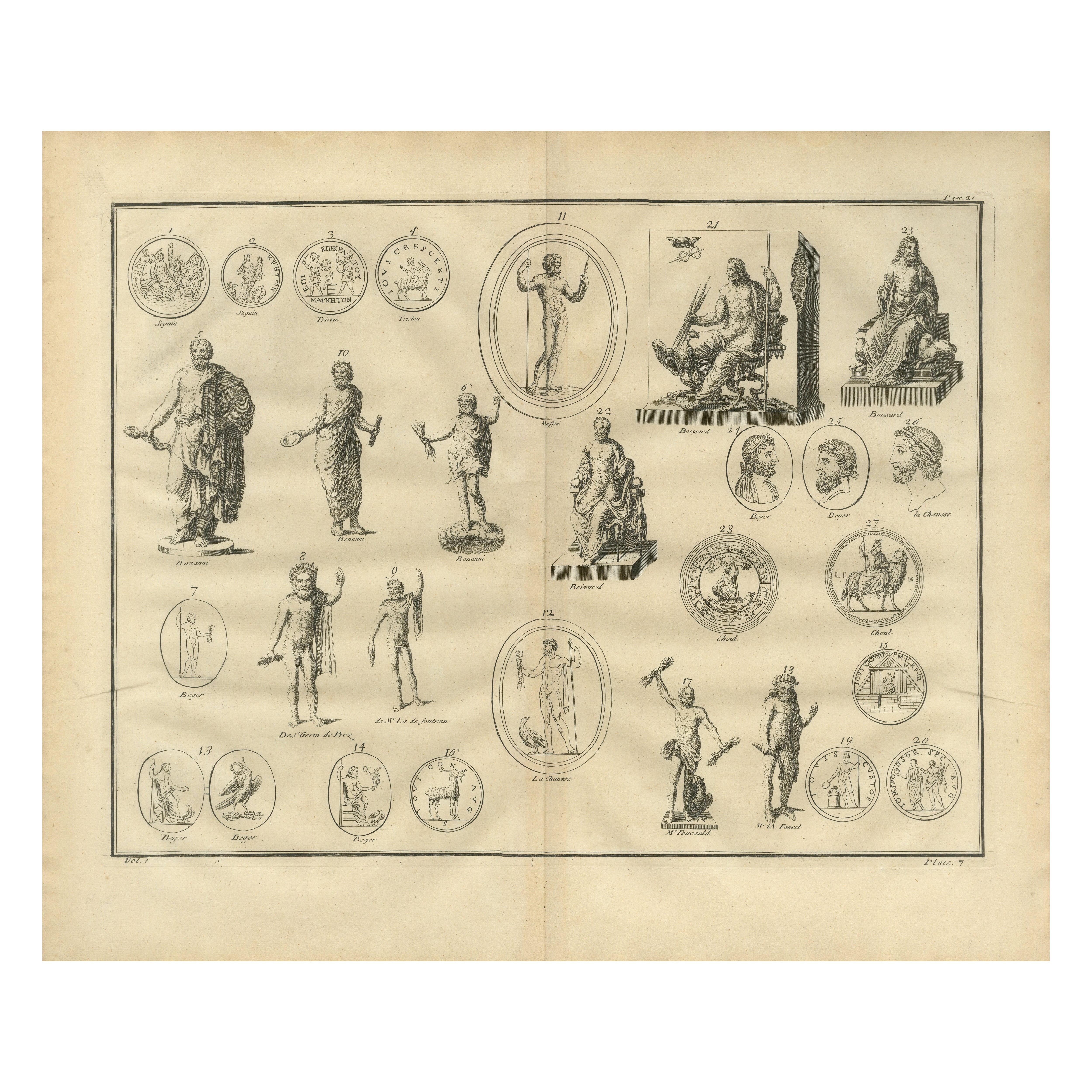 Roman Statues and Coins, Composite Antiquities Plate with Center Fold, 1721