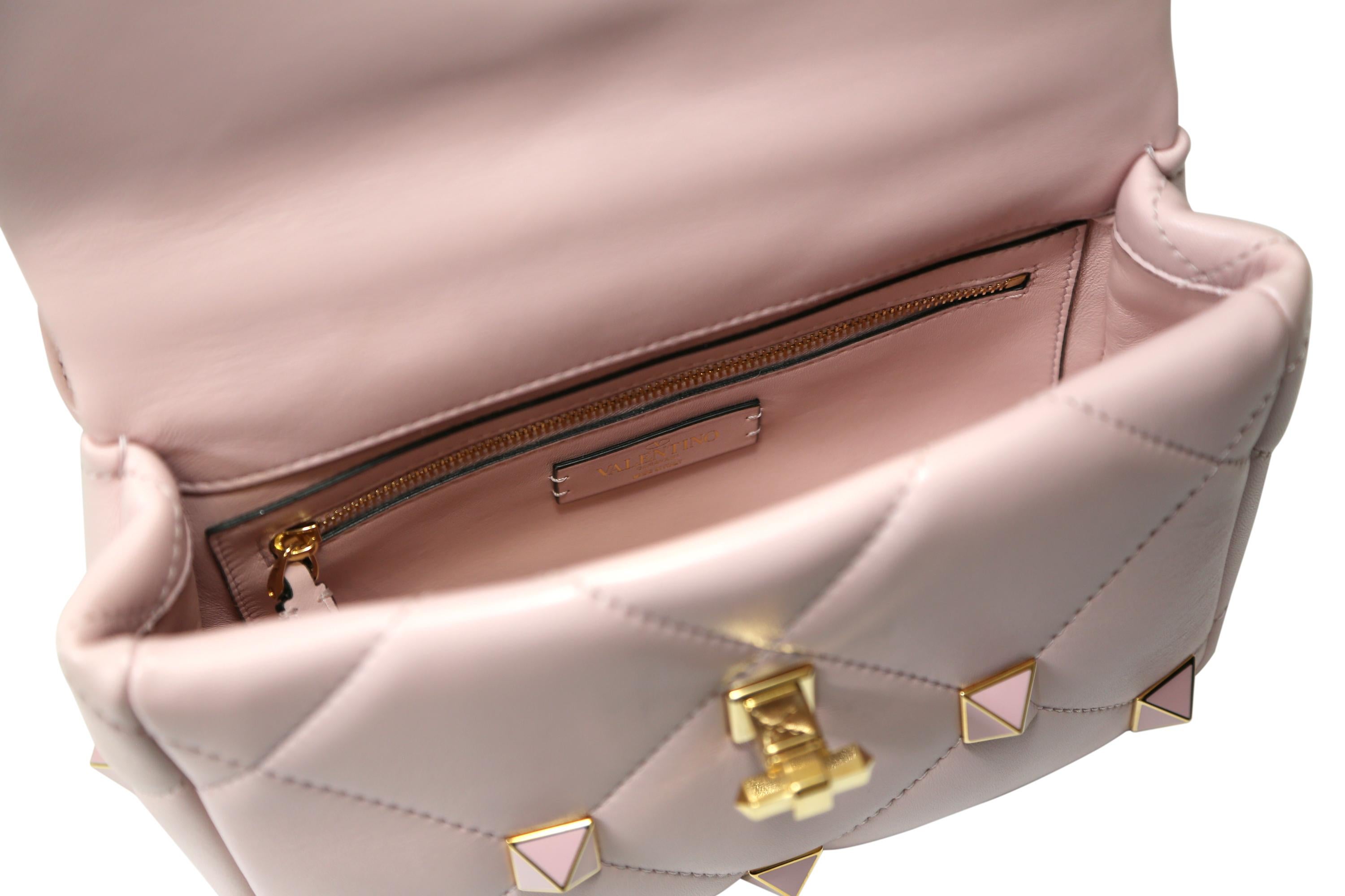 Beige Roman Stud Medium Leather Shoulder Bag