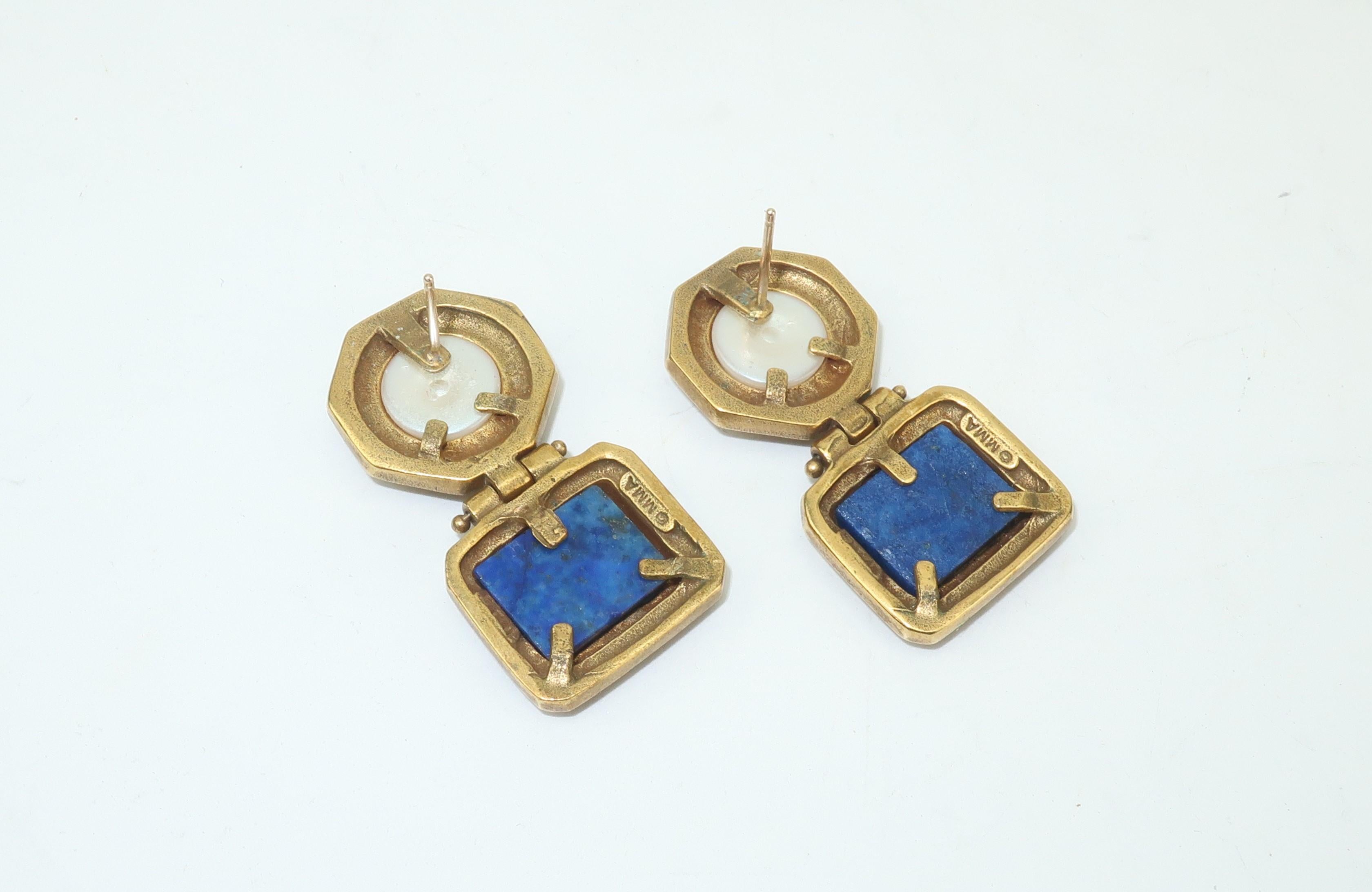 Roman Style Brass, Lapis Lazuli & Faux Pearl Earrings 5