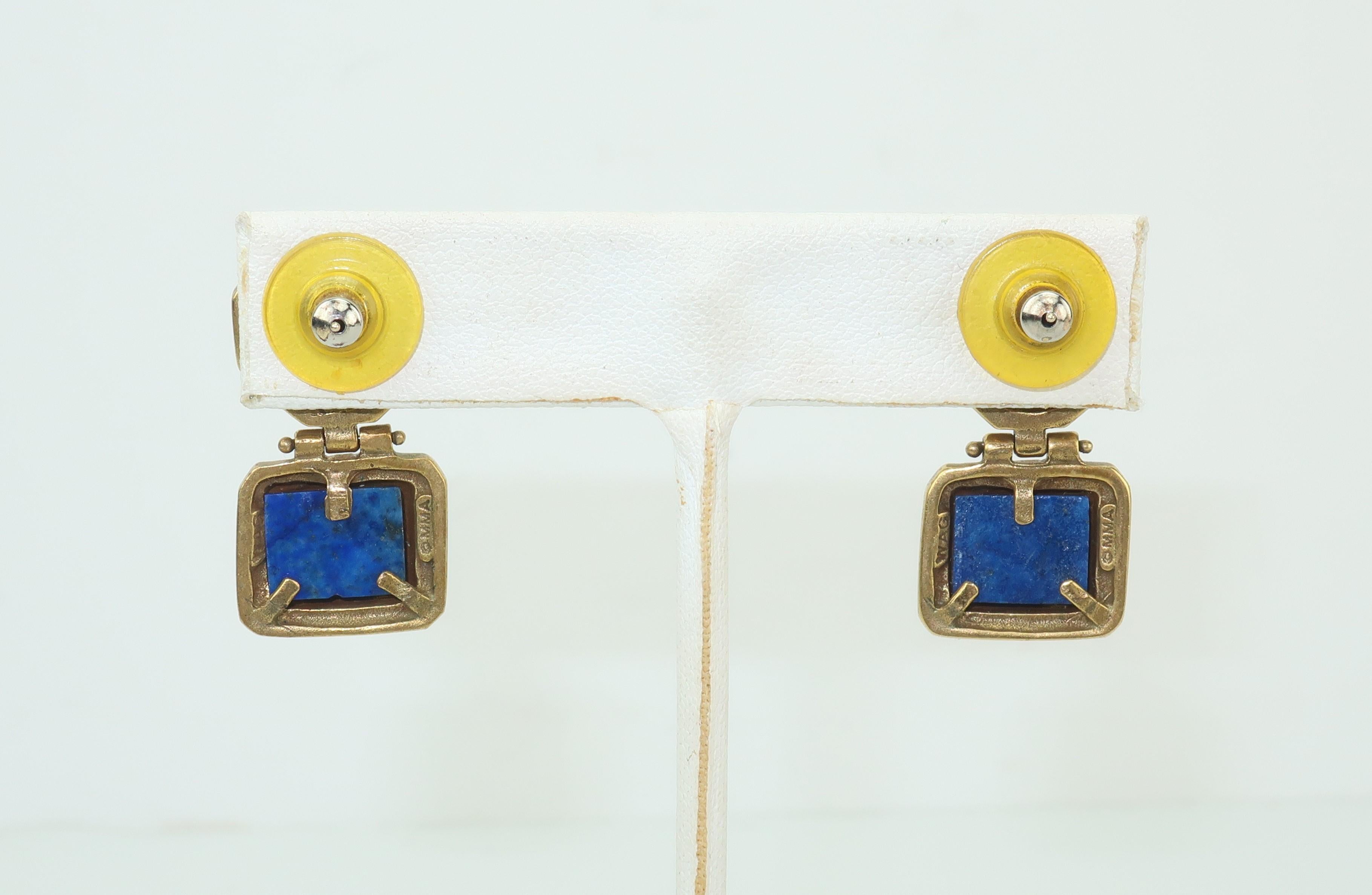 Roman Style Brass, Lapis Lazuli & Faux Pearl Earrings In Good Condition In Atlanta, GA