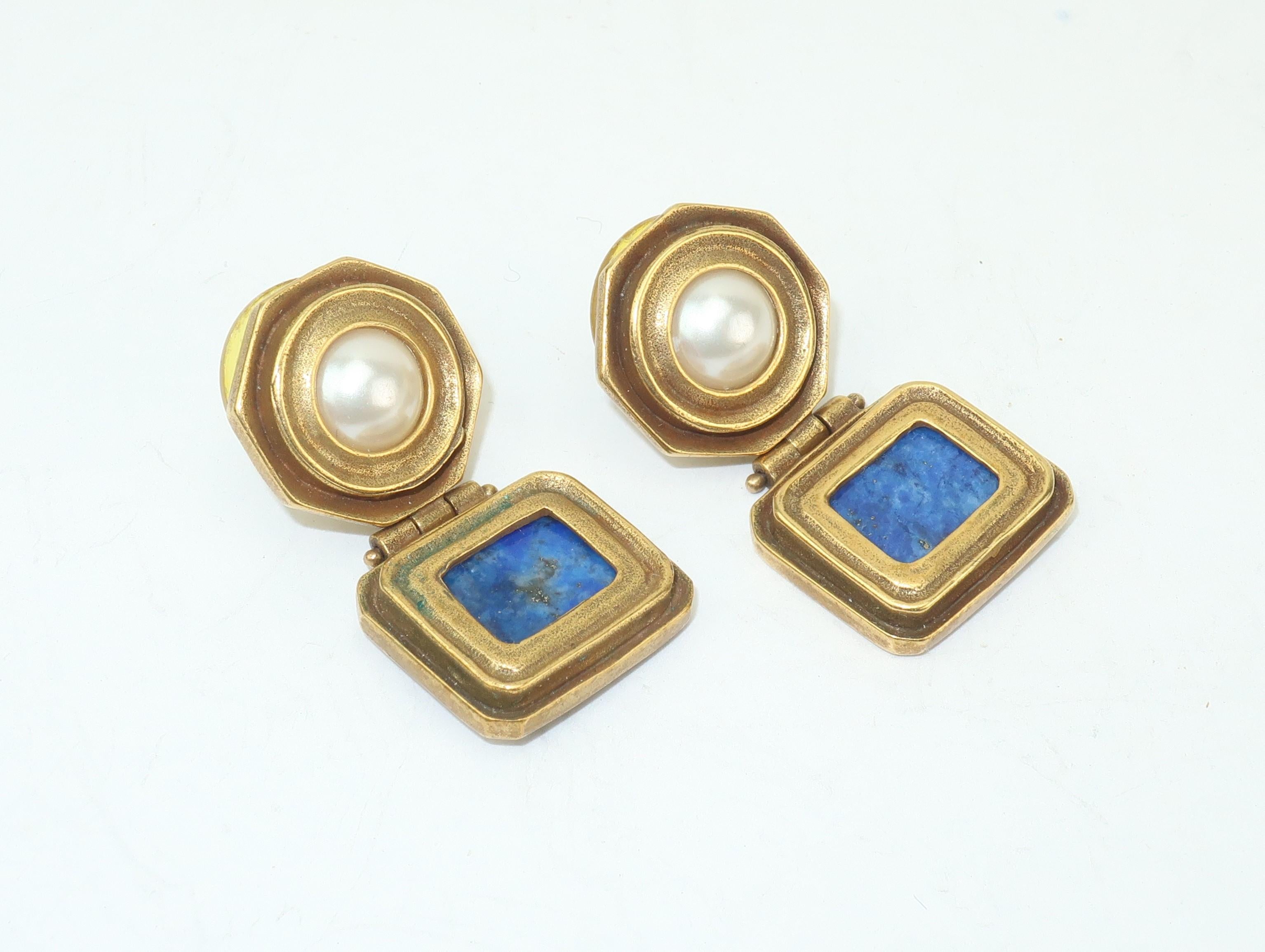 Roman Style Brass, Lapis Lazuli & Faux Pearl Earrings 1