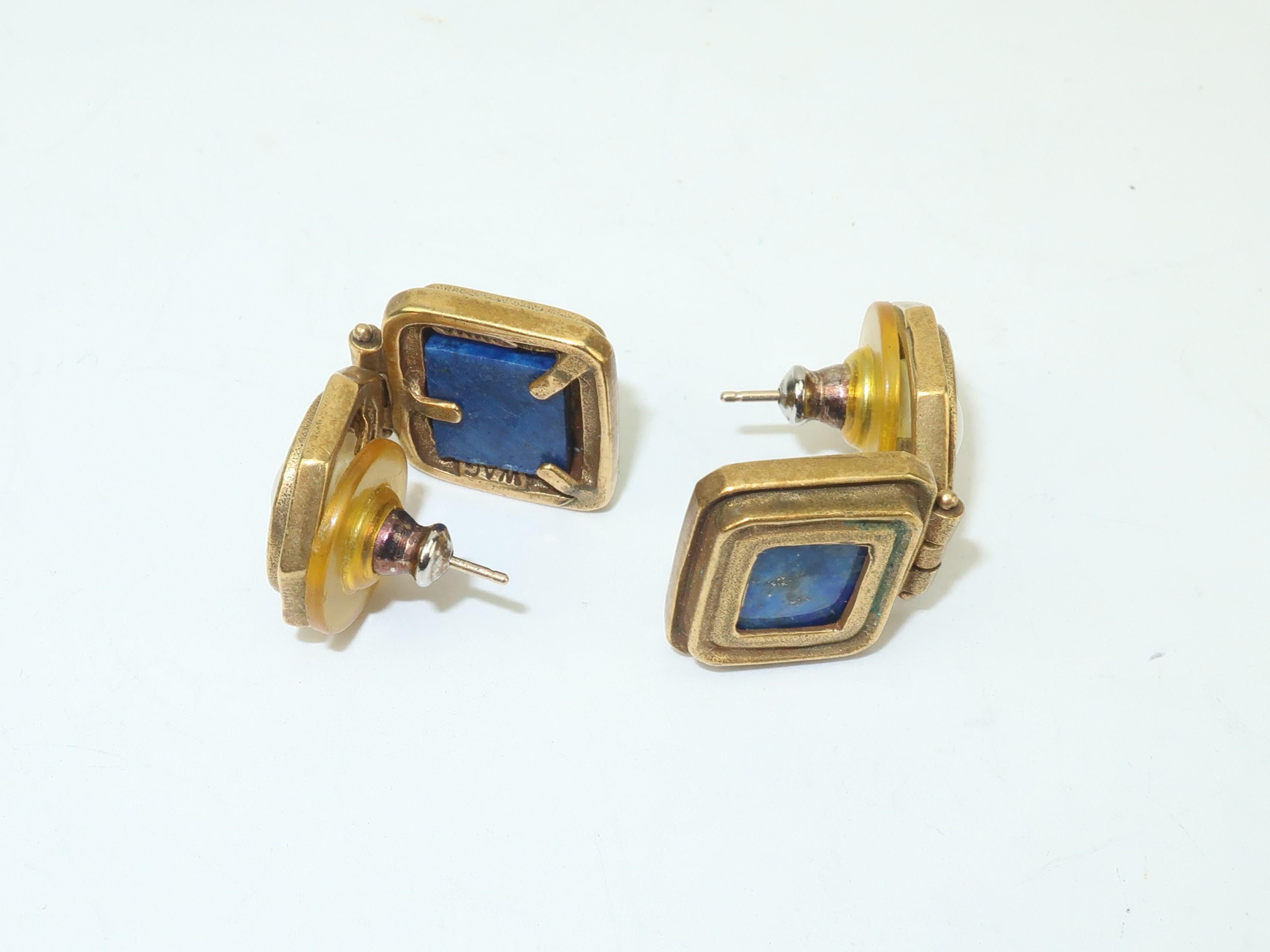 Roman Style Brass, Lapis Lazuli & Faux Pearl Earrings 2