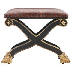 Roman Style Curule Ottoman Gilt Paw Feet Embossed Leather Upholstery
