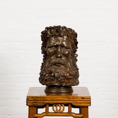 Roman Style Gesso over Plaster Carved Head of Jupiter on Circular Base