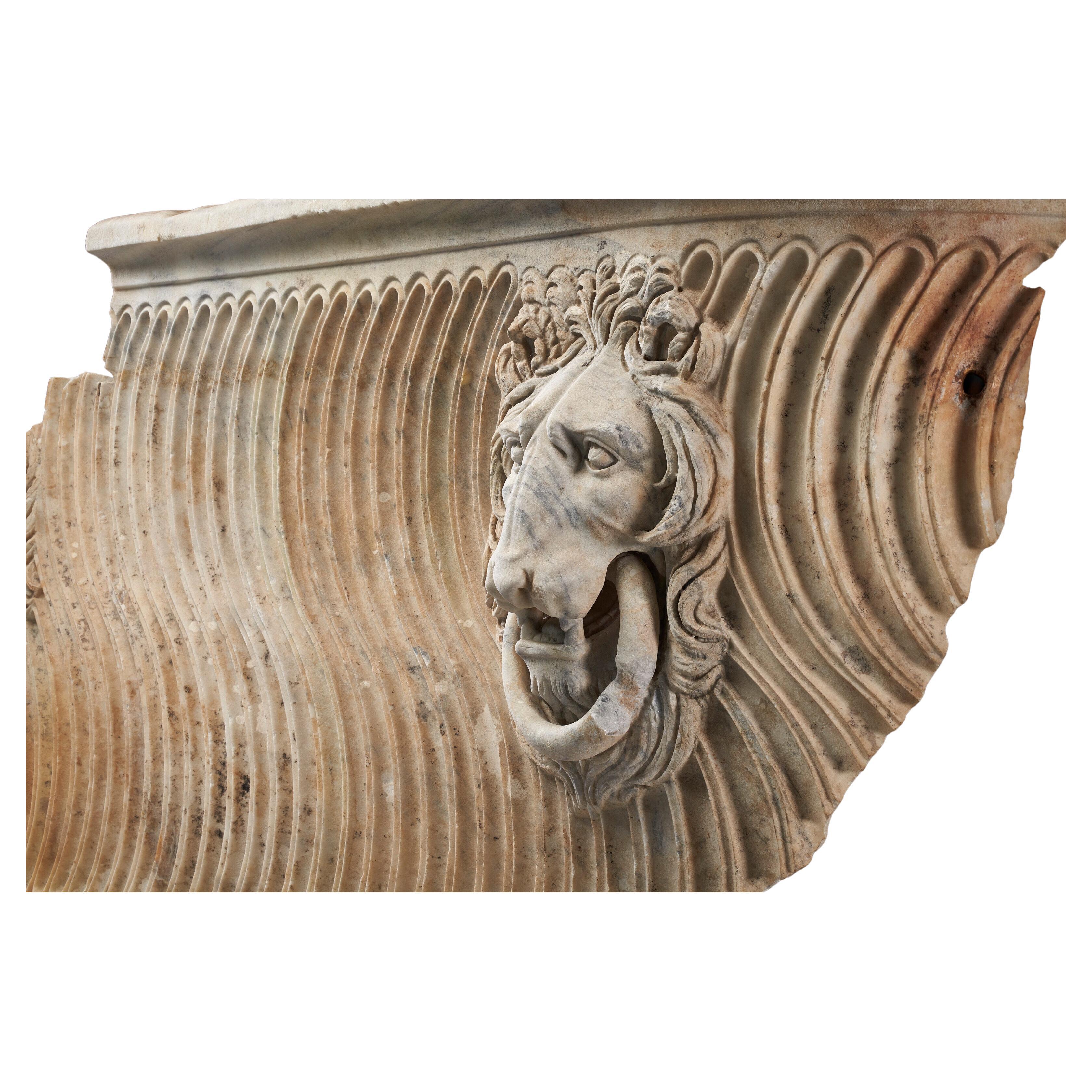 Hand-Carved Roman Style Marble Strigilated Sarcophagus Fragment For Sale